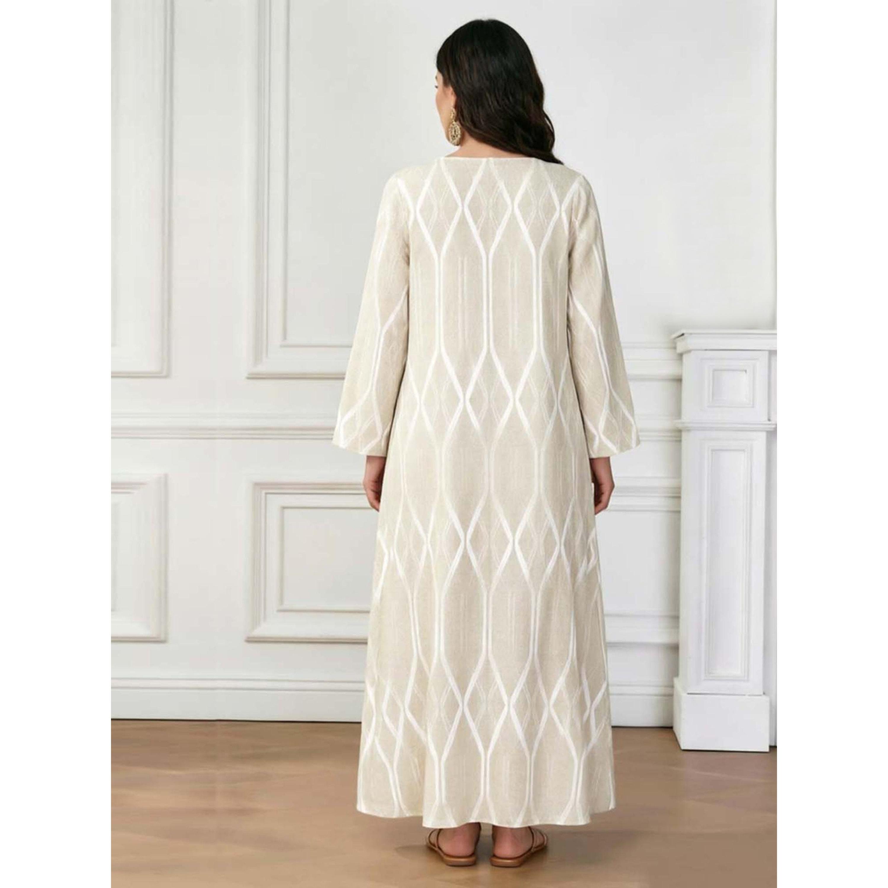 Take Two Beige V Neck Geometric Print Jalabiya-women-arabicclothing-jalabiyas-image-4