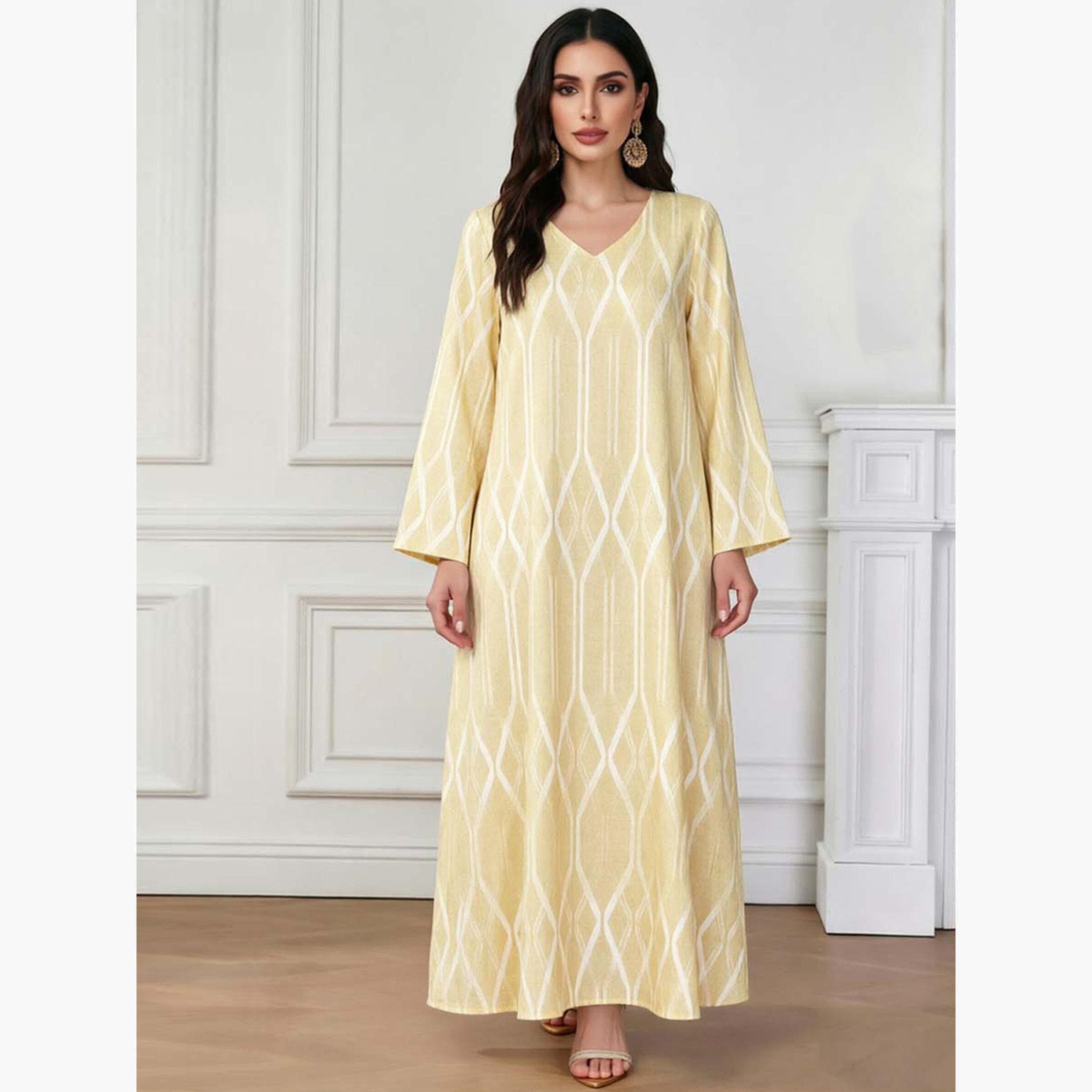 Take Two Yellow V Neck Geometric Print Jalabiya-women-arabicclothing-jalabiyas-image-1