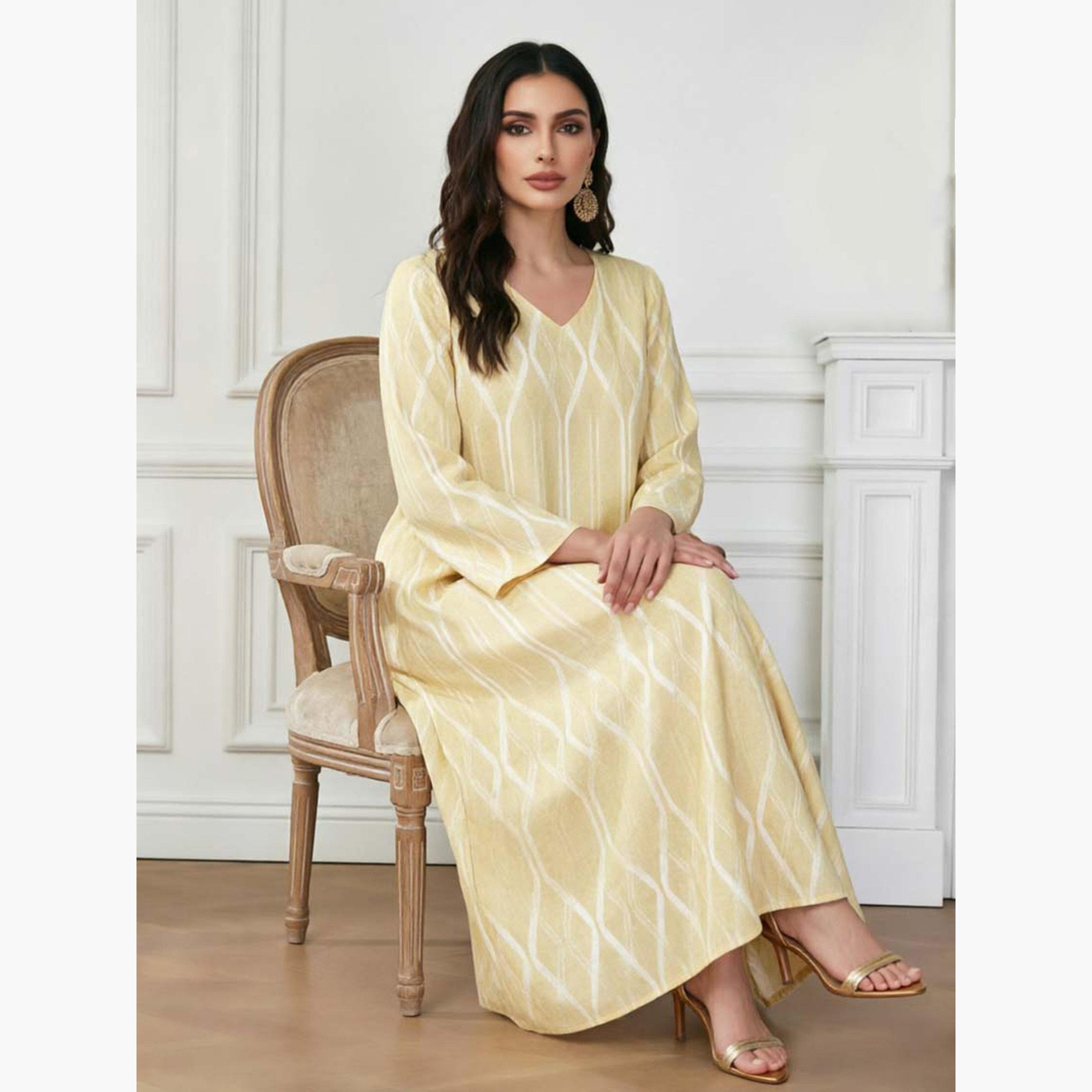 Take Two Yellow V Neck Geometric Print Jalabiya-women-arabicclothing-jalabiyas-image-2