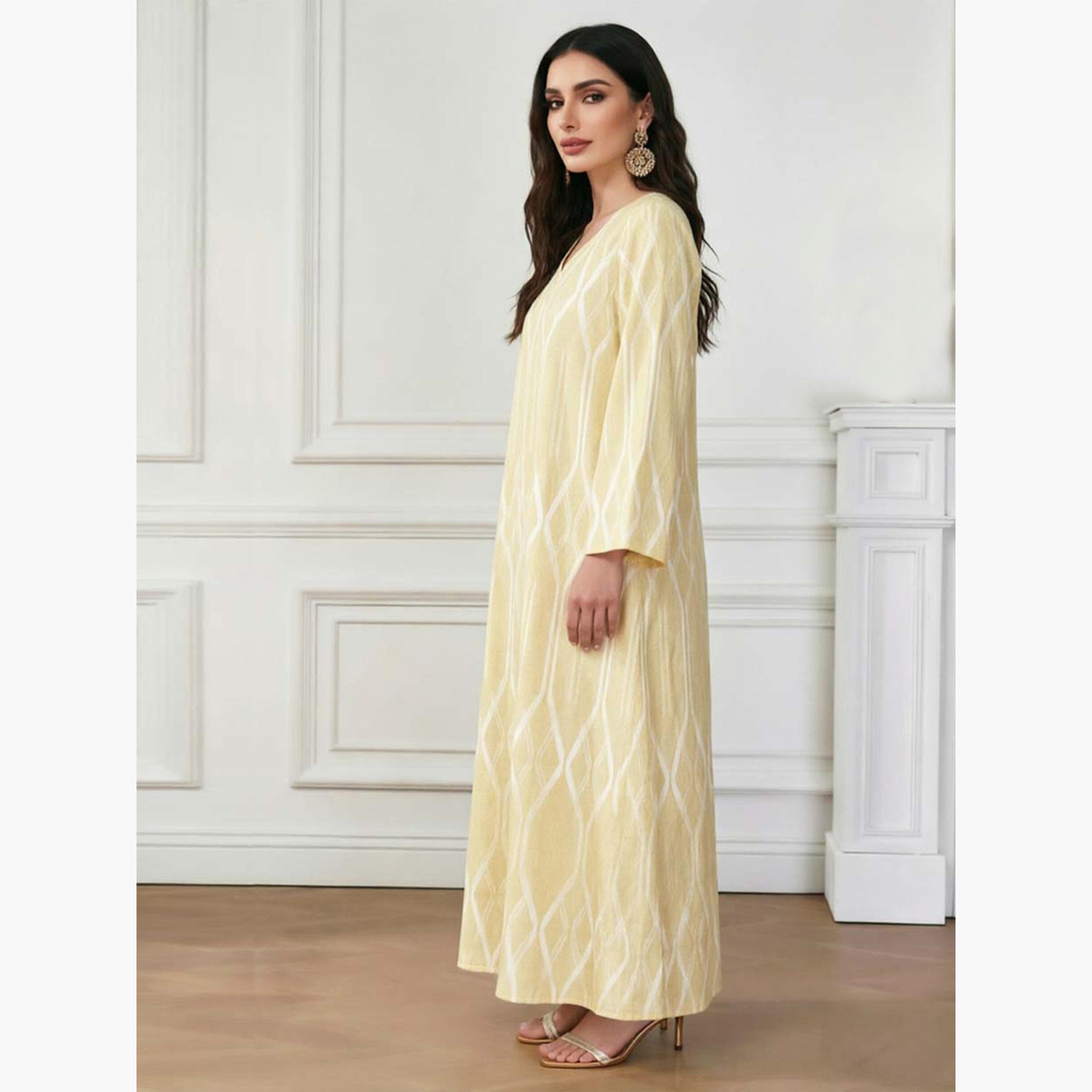 Take Two Yellow V Neck Geometric Print Jalabiya-women-arabicclothing-jalabiyas-image-3