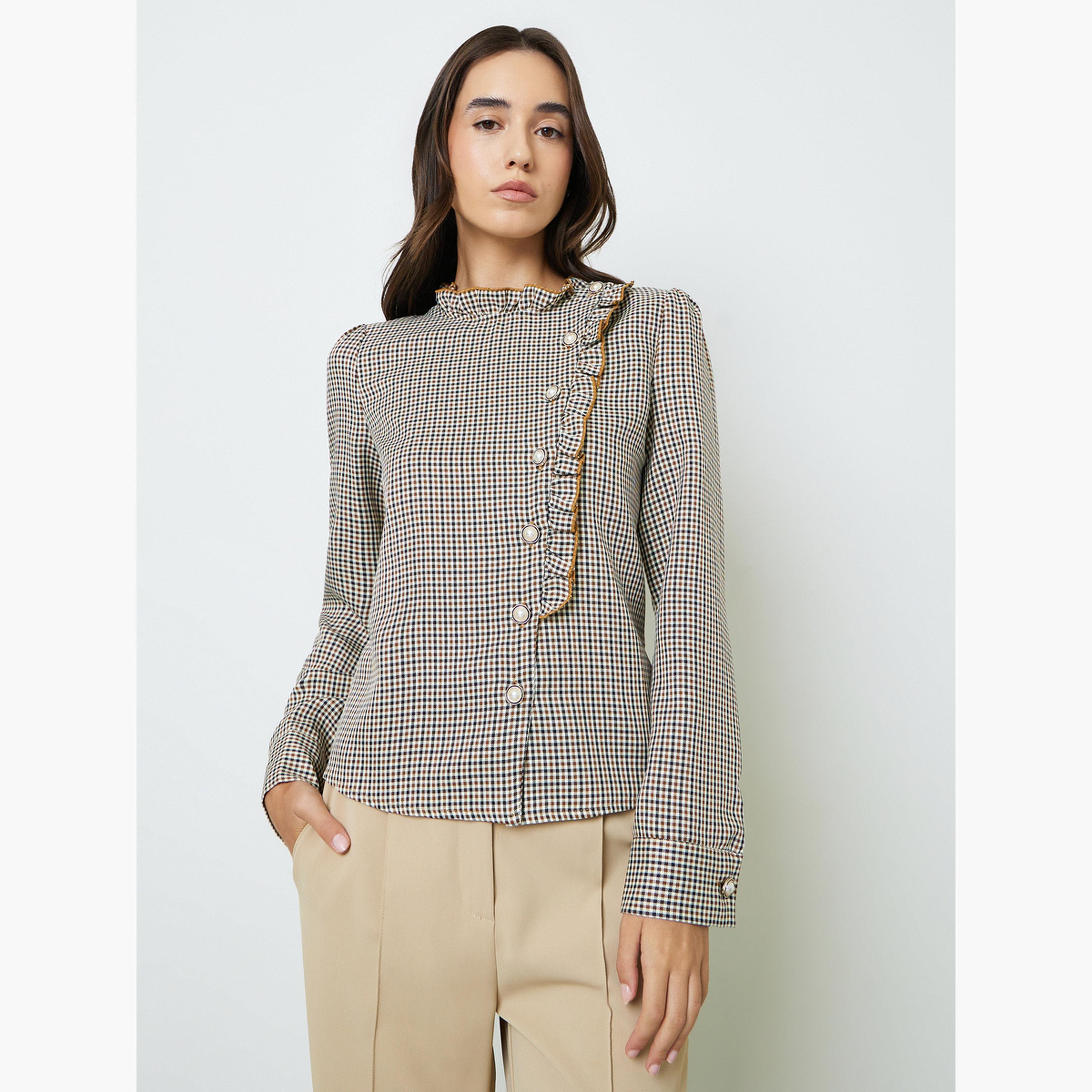 بلوزة مكشكشة بأكمام طويلة وطبعة مربعات بنية-women-clothing-shirtsandblouses-blouses-image-1