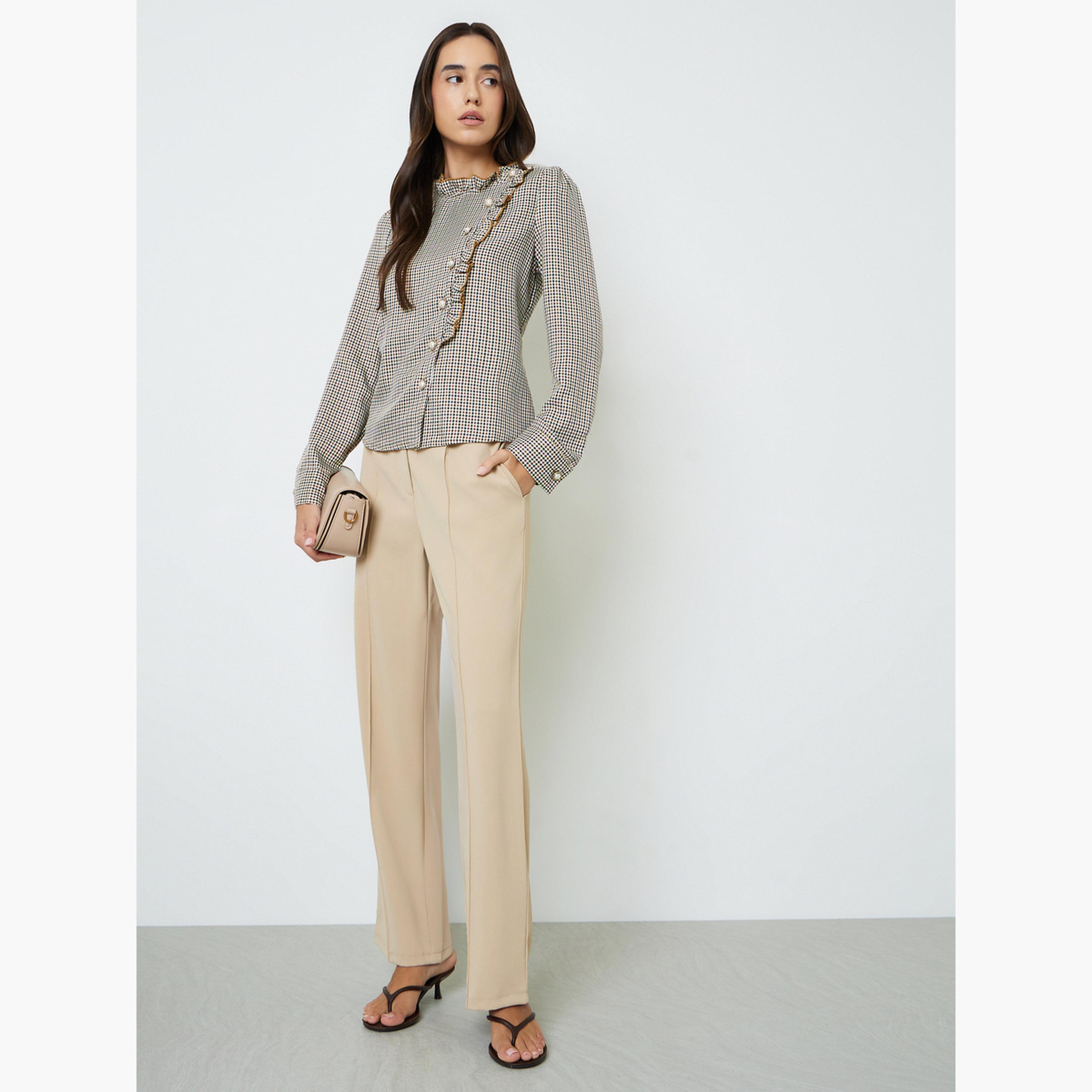 بلوزة مكشكشة بأكمام طويلة وطبعة مربعات بنية-women-clothing-shirtsandblouses-blouses-image-2