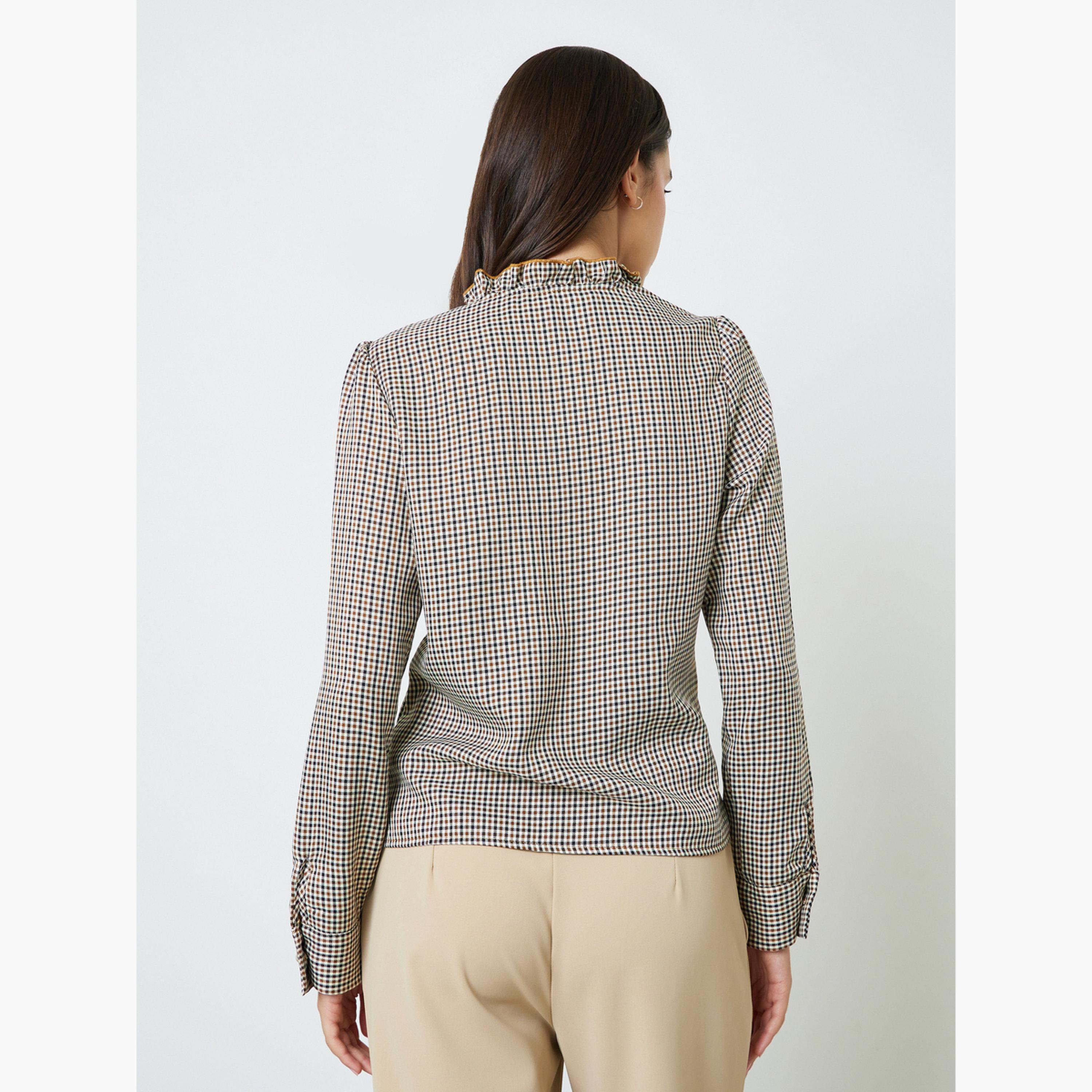 بلوزة مكشكشة بأكمام طويلة وطبعة مربعات بنية-women-clothing-shirtsandblouses-blouses-image-3