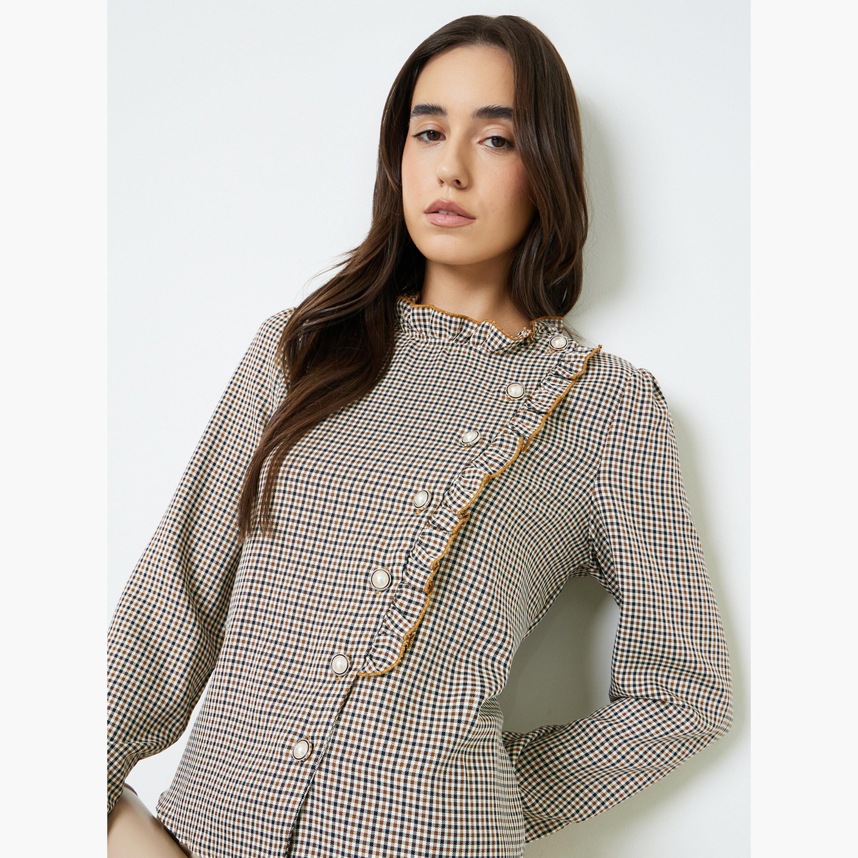 بلوزة مكشكشة بأكمام طويلة وطبعة مربعات بنية-women-clothing-shirtsandblouses-blouses-image-4