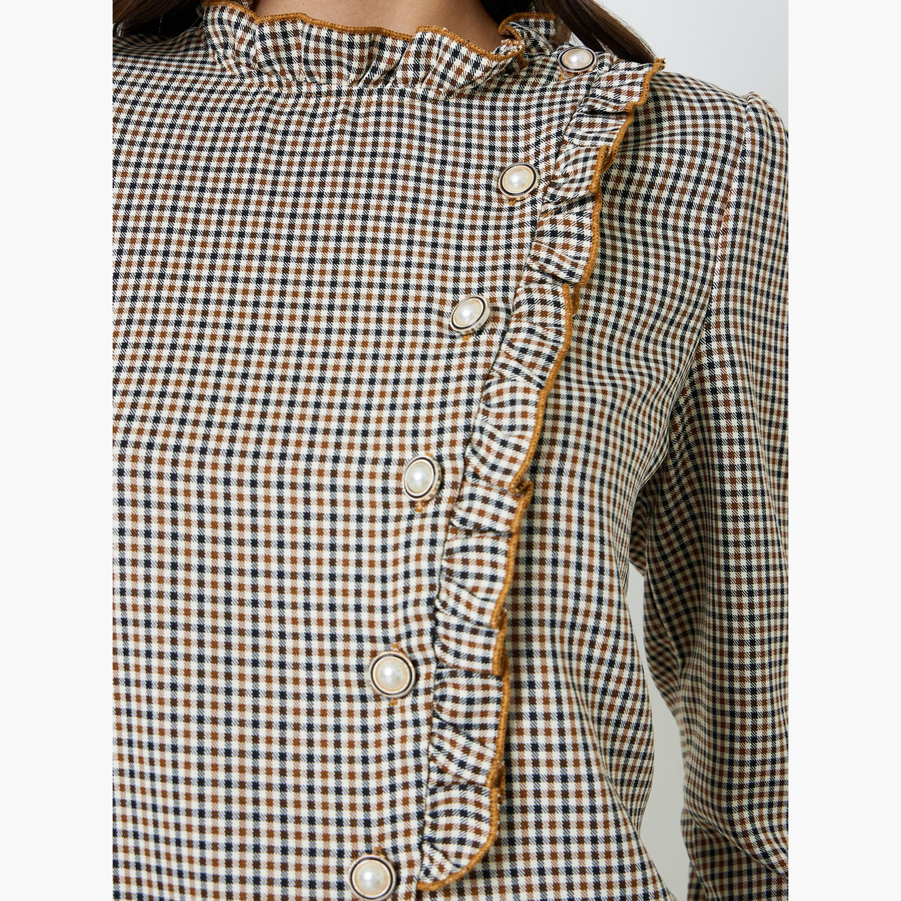 بلوزة مكشكشة بأكمام طويلة وطبعة مربعات بنية-women-clothing-shirtsandblouses-blouses-image-5