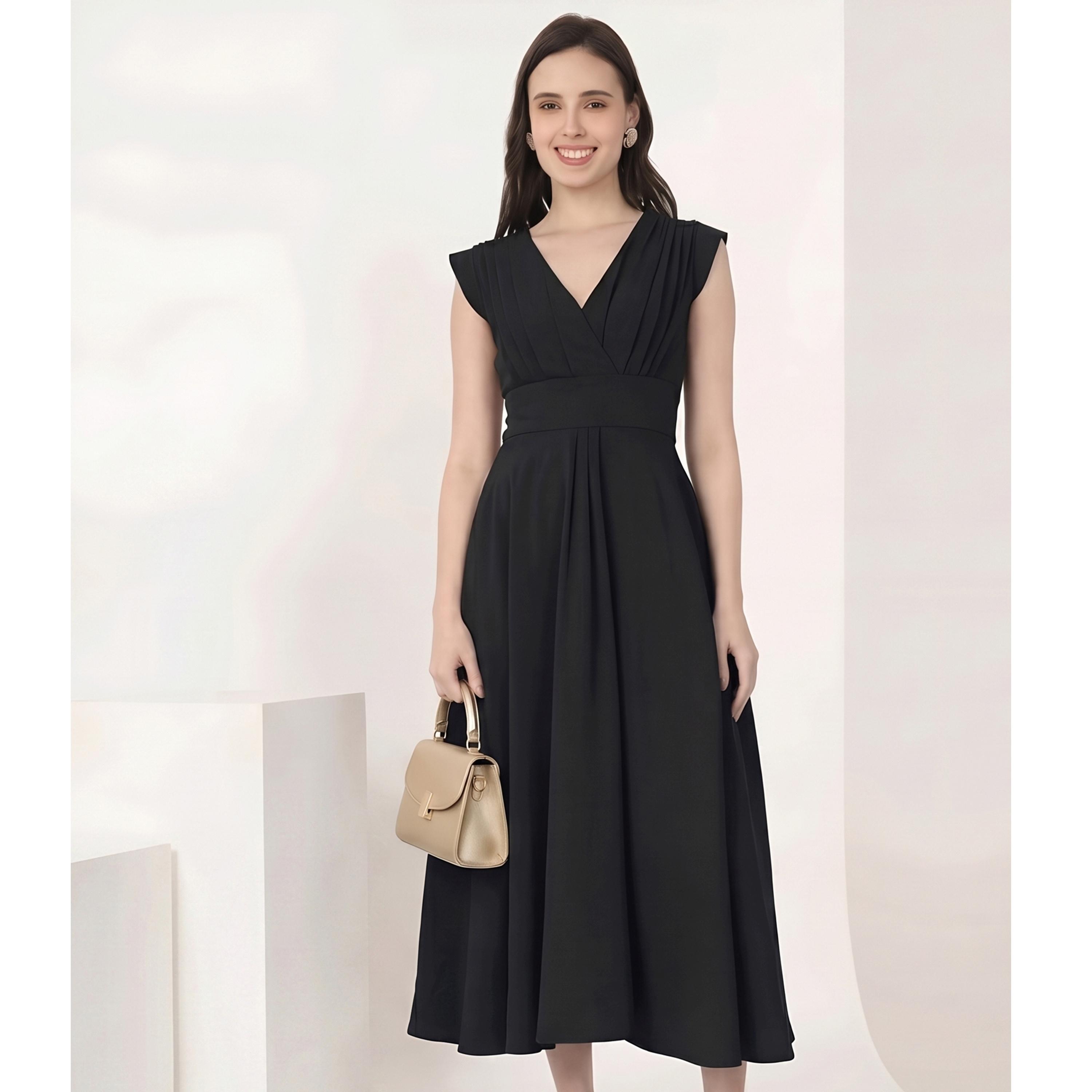 فستان ميدي واسع بقصة متناسقة وتفاصيل زم وأكمام كاب-women-clothing-dresses-image-1