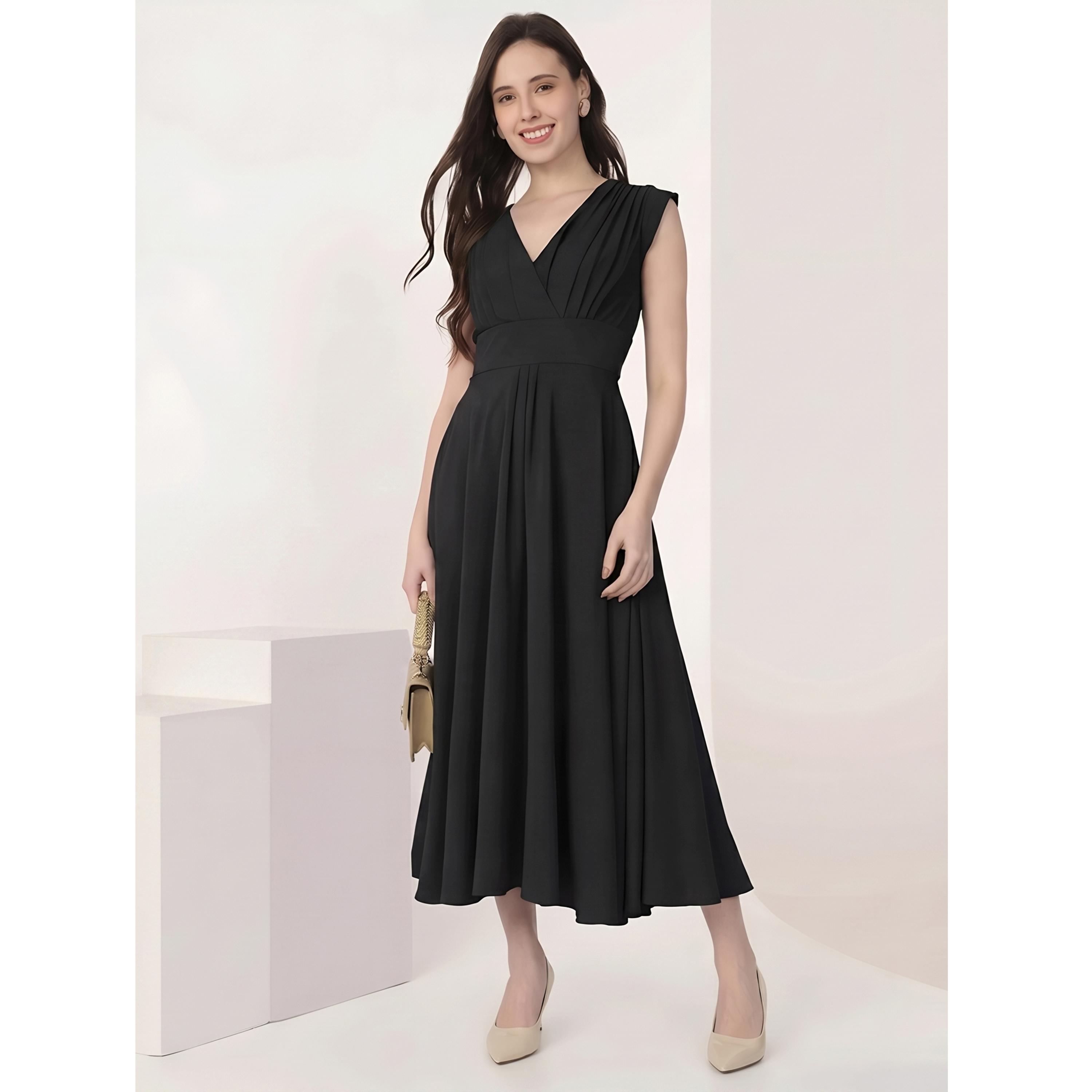 فستان ميدي واسع بقصة متناسقة وتفاصيل زم وأكمام كاب-women-clothing-dresses-image-2