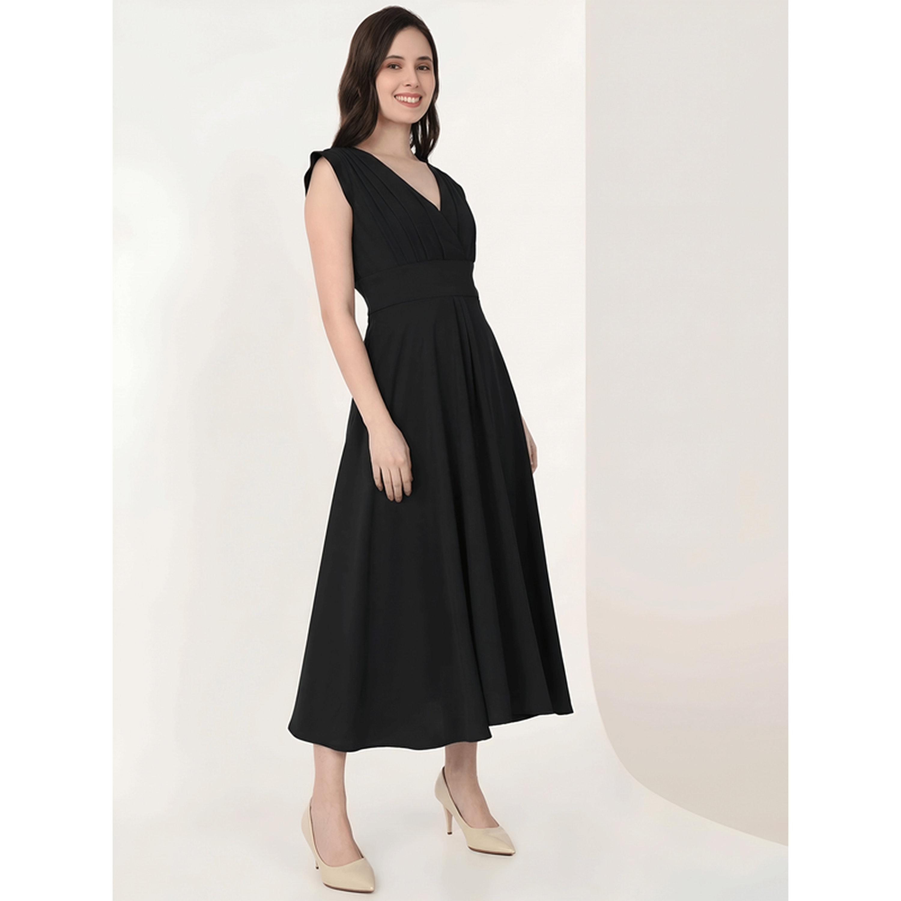 فستان ميدي واسع بقصة متناسقة وتفاصيل زم وأكمام كاب-women-clothing-dresses-image-3