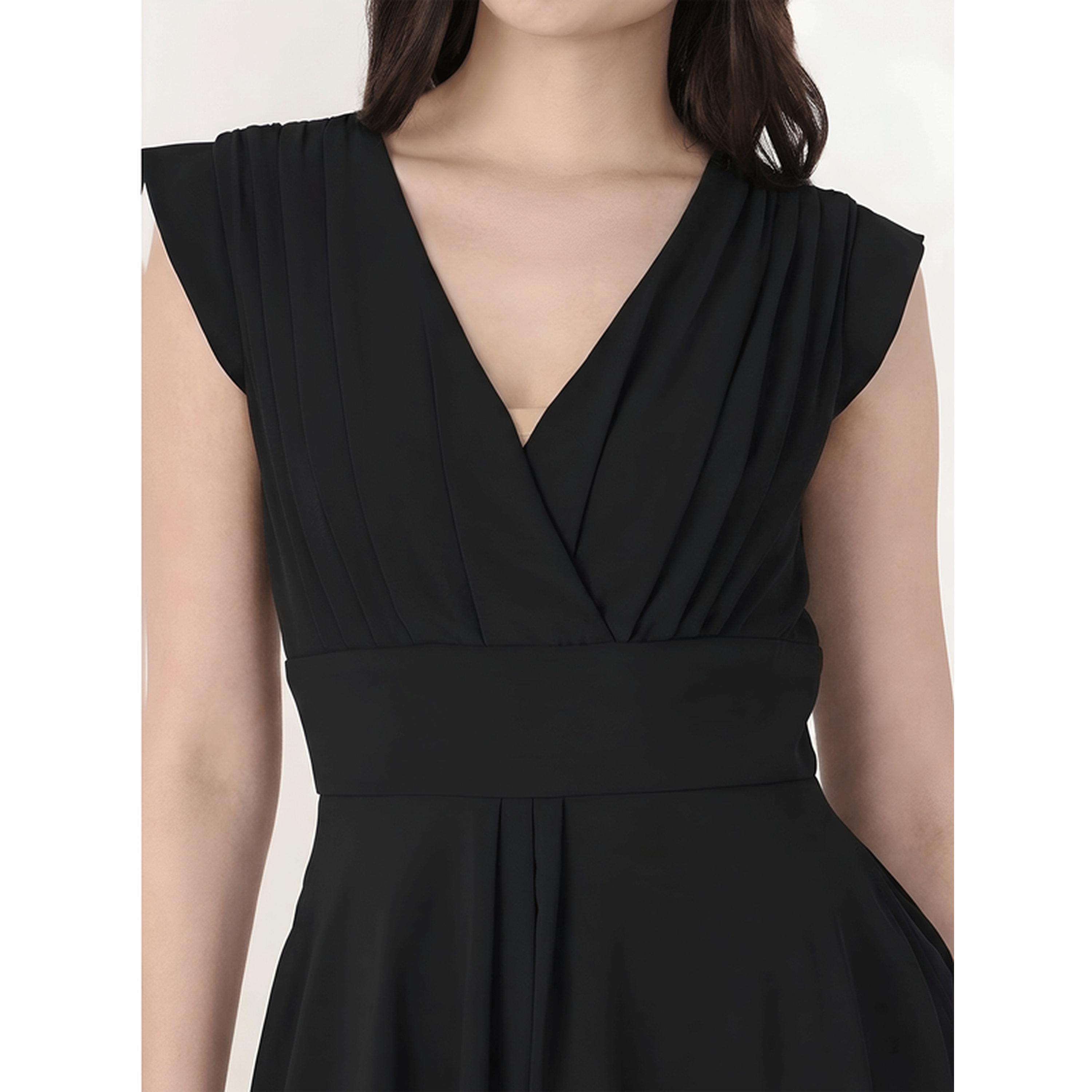 فستان ميدي واسع بقصة متناسقة وتفاصيل زم وأكمام كاب-women-clothing-dresses-image-5