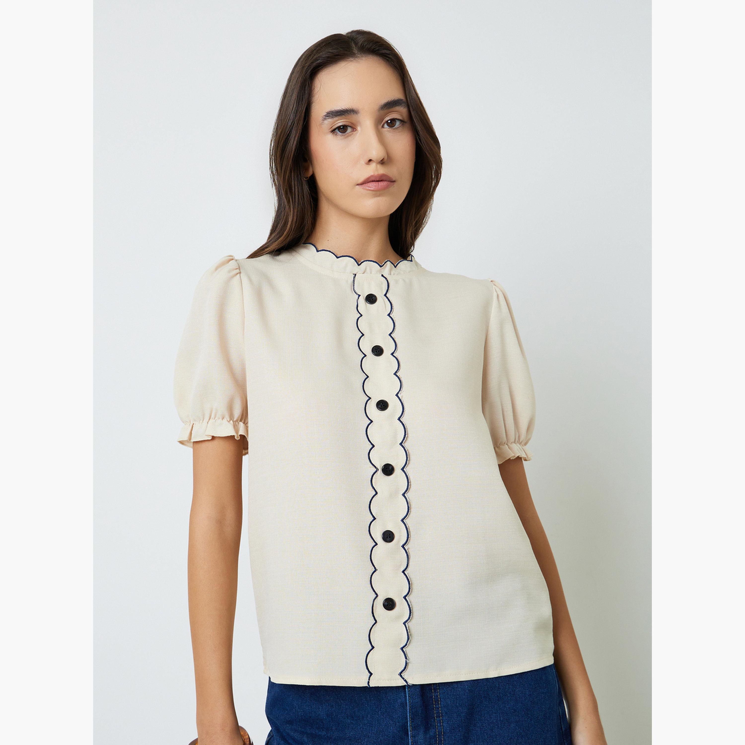 Take Two Beige Scalloped Blouse with Puff Sleeves-women-clothing-shirtsandblouses-blouses-image-1
