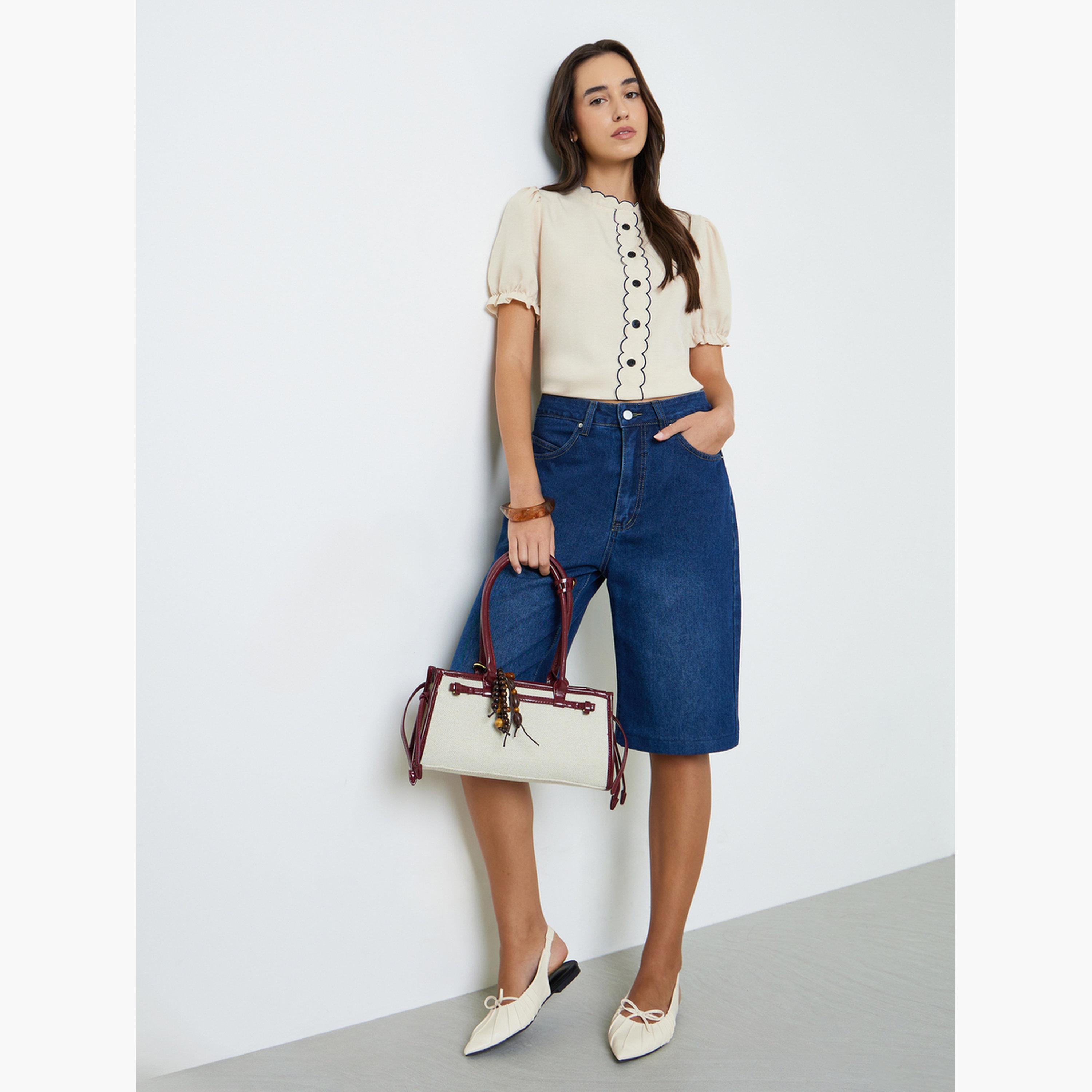 بلوزة بأكمام منفوخة وتفاصيل مموجة باللون البيج-women-clothing-shirtsandblouses-blouses-image-2