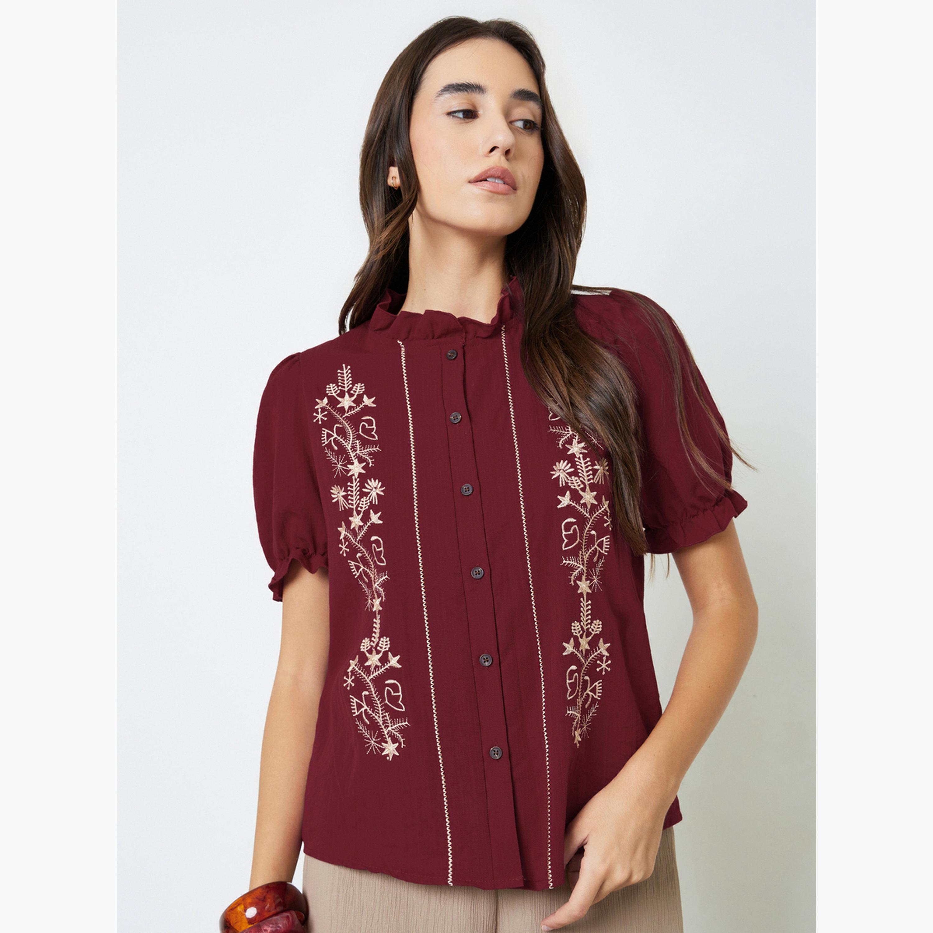 Take Two Maroon Embroidered Ruffled Neck Shirt-women-clothing-shirtsandblouses-shirts-image-1