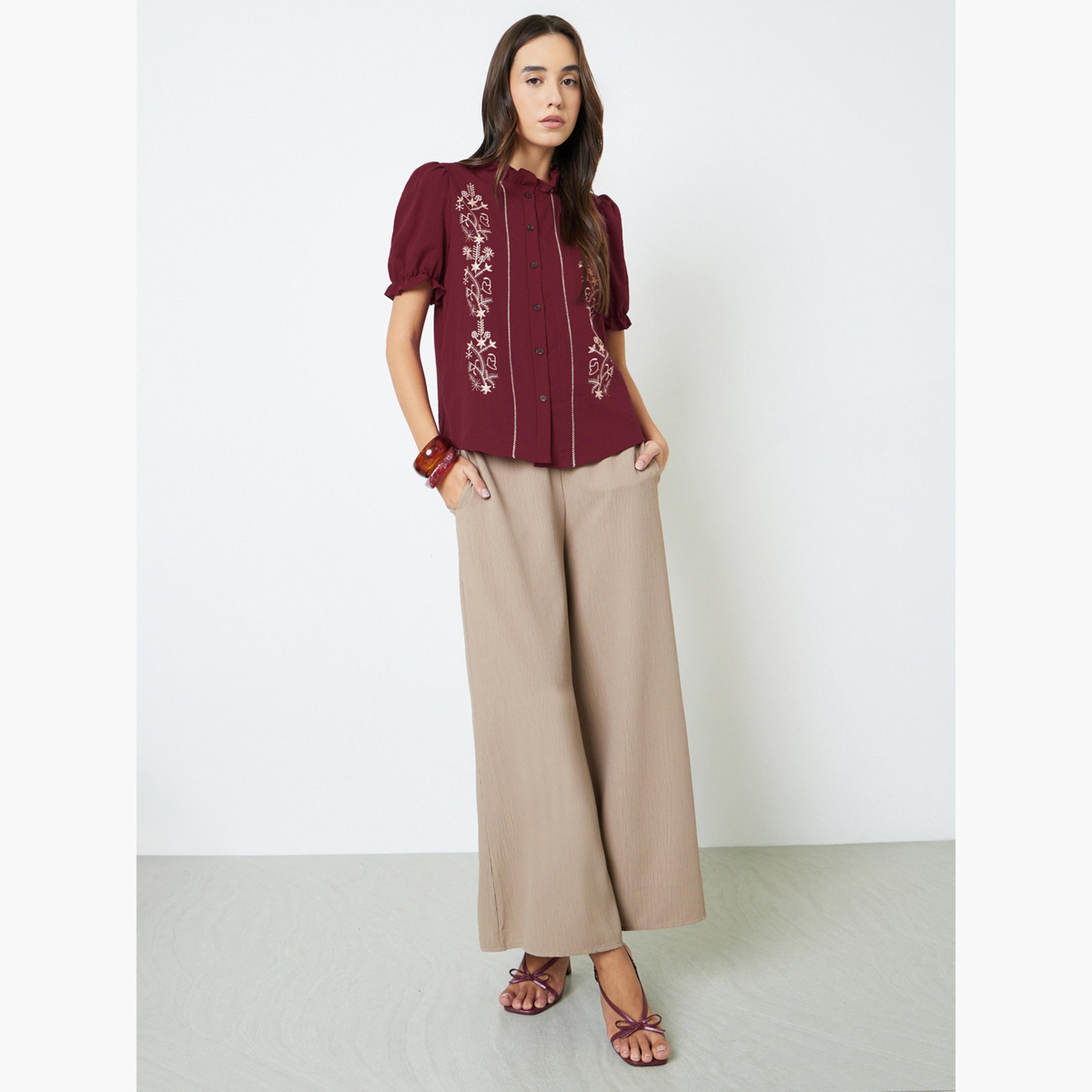 Take Two Maroon Embroidered Ruffled Neck Shirt-women-clothing-shirtsandblouses-shirts-image-2