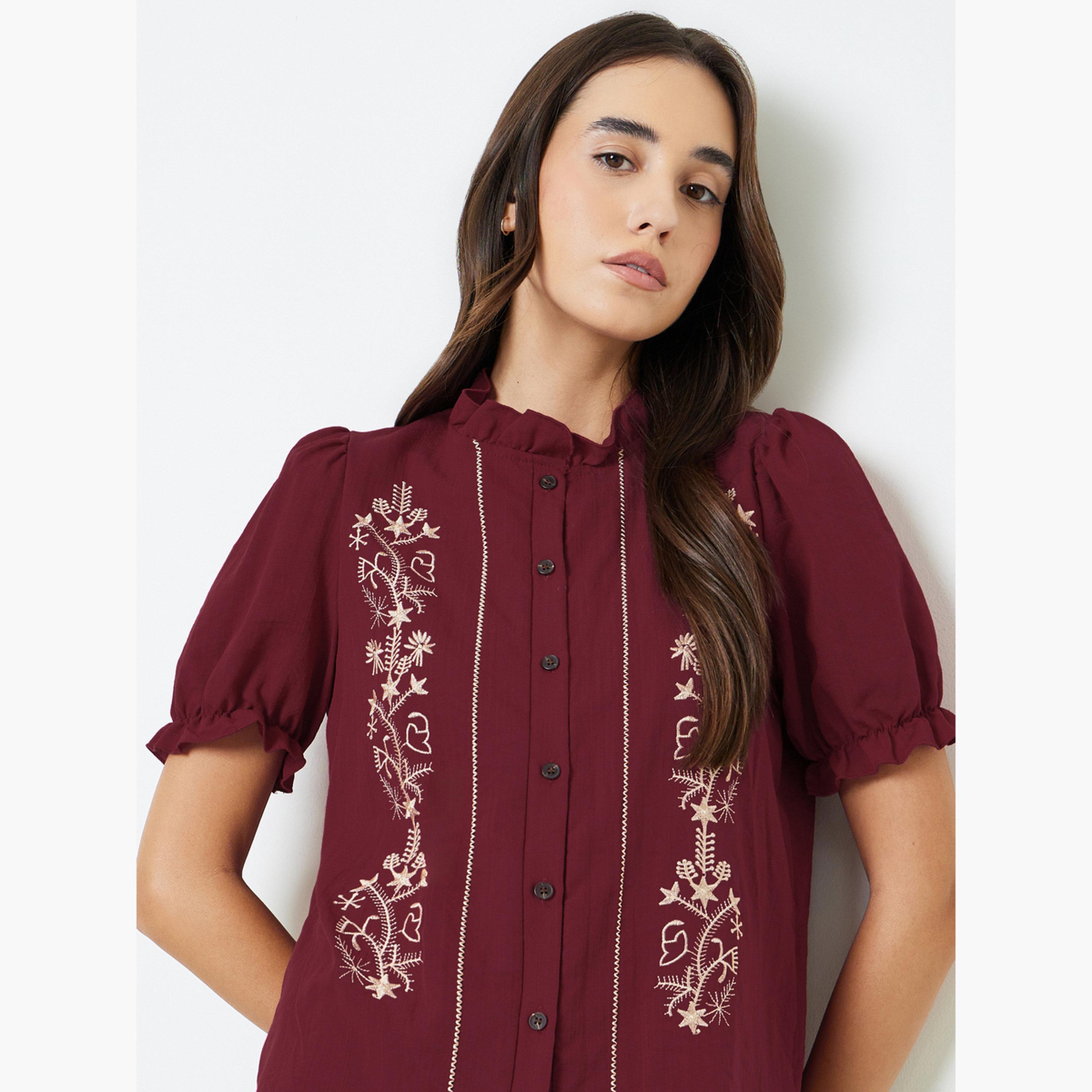 Take Two Maroon Embroidered Ruffled Neck Shirt-women-clothing-shirtsandblouses-shirts-image-4