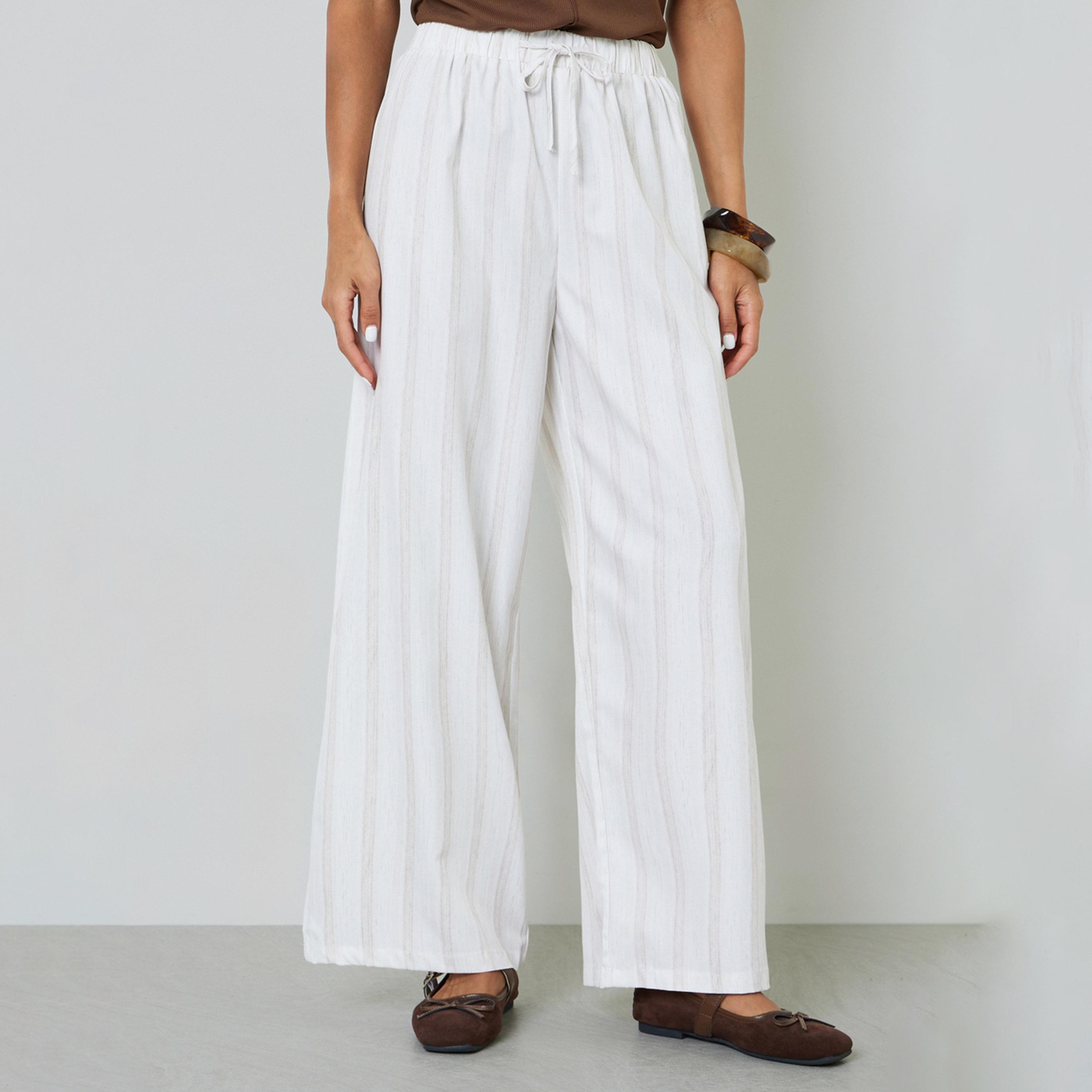 Take Two Beige Striped Wide-Leg Trousers with Drawstring Waist-women-clothing-joggers-image-1