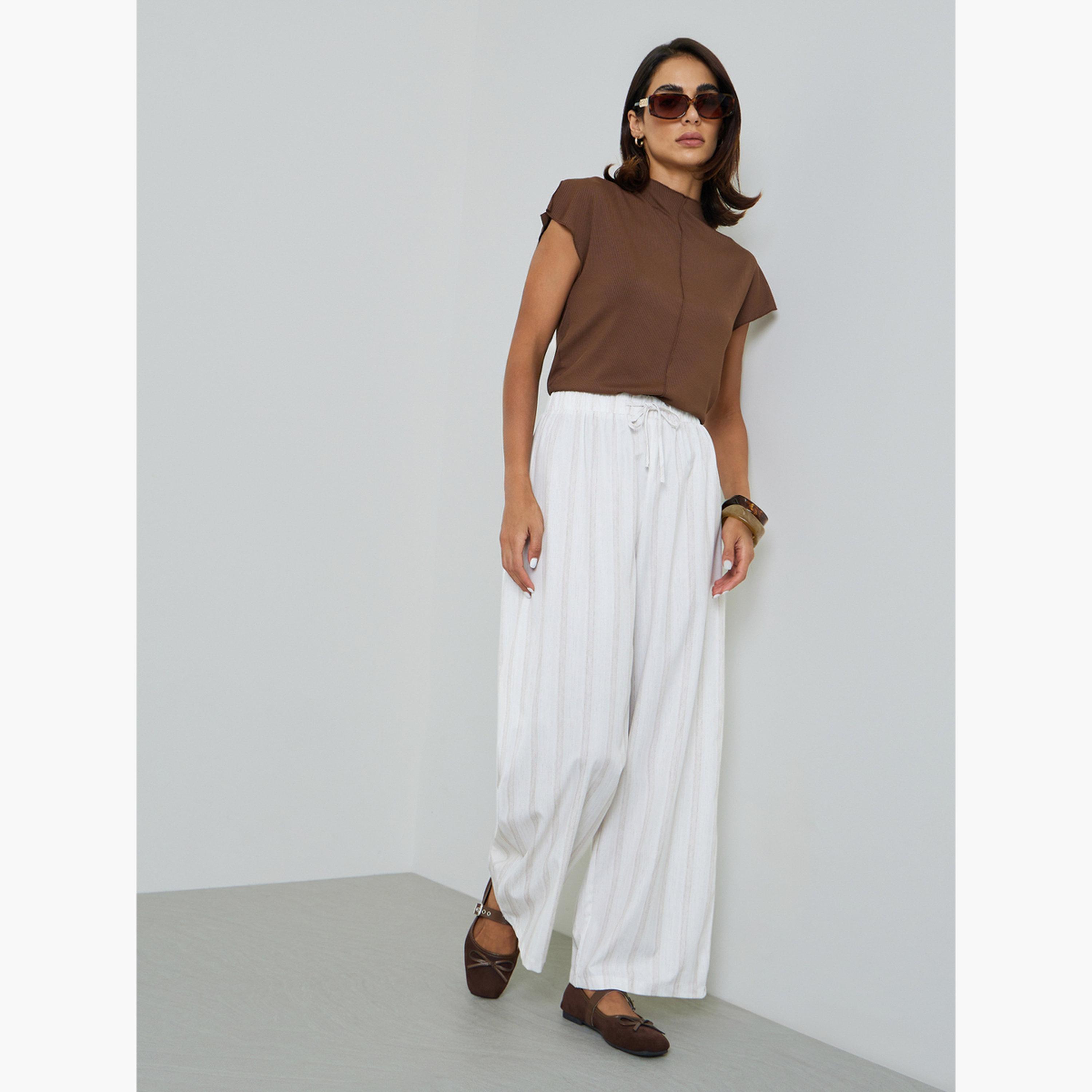Take Two Beige Striped Wide-Leg Trousers with Drawstring Waist-women-clothing-joggers-image-2