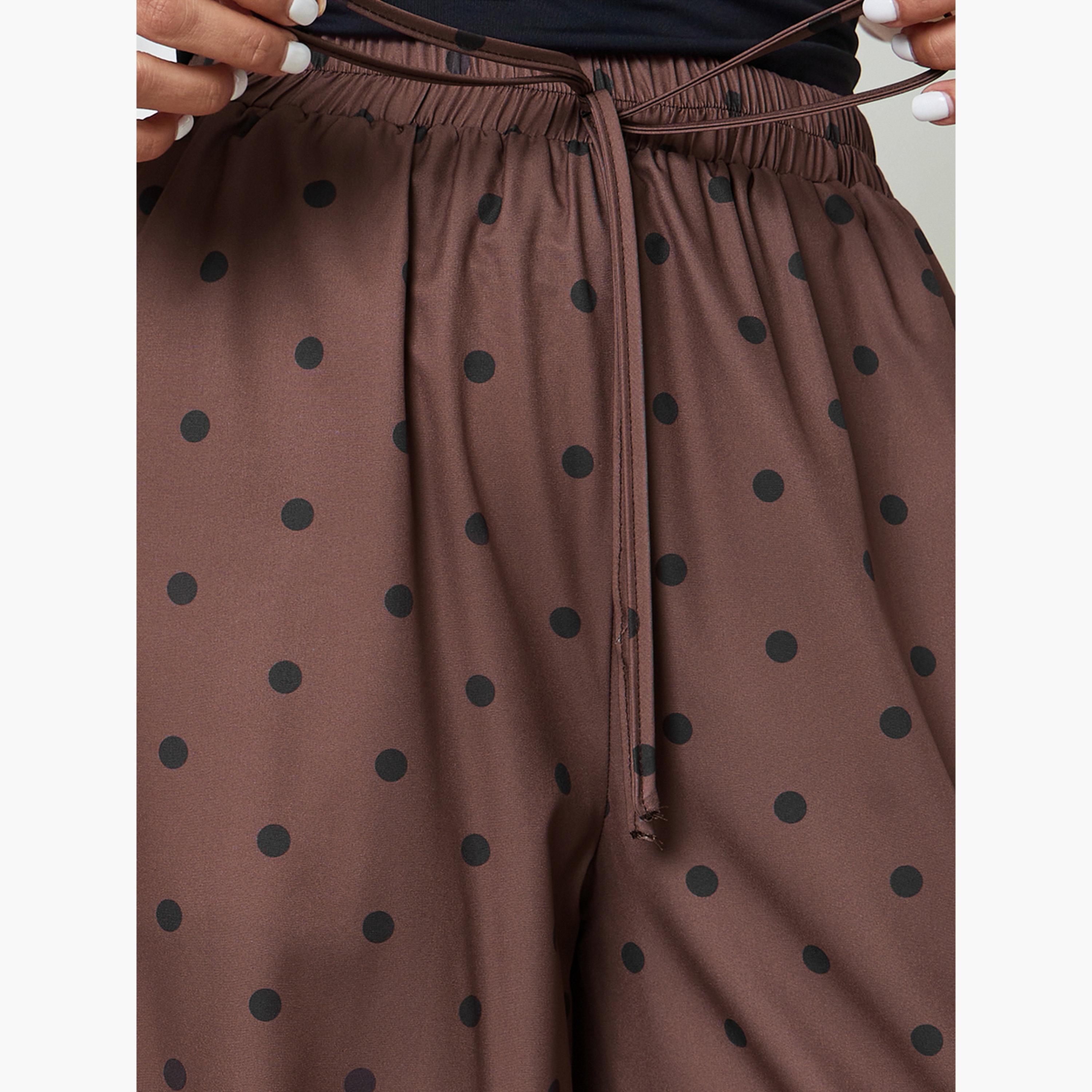 بنطال بأرجل واسعة وطبعة نقاط بولكا باللون البني-women-clothing-joggers-image-3