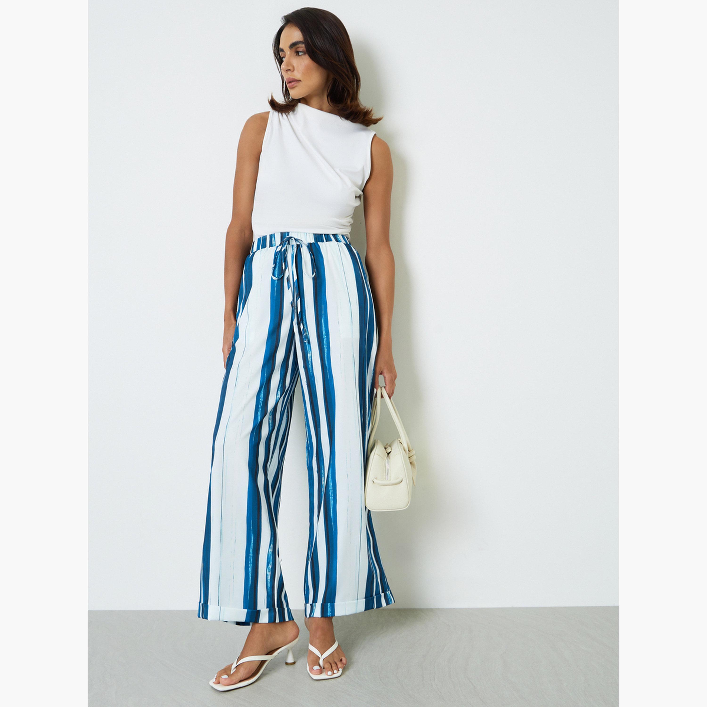بنطال بأرجل واسعة براط خصر ومخطط متعدد الألوان-women-clothing-joggers-image-2