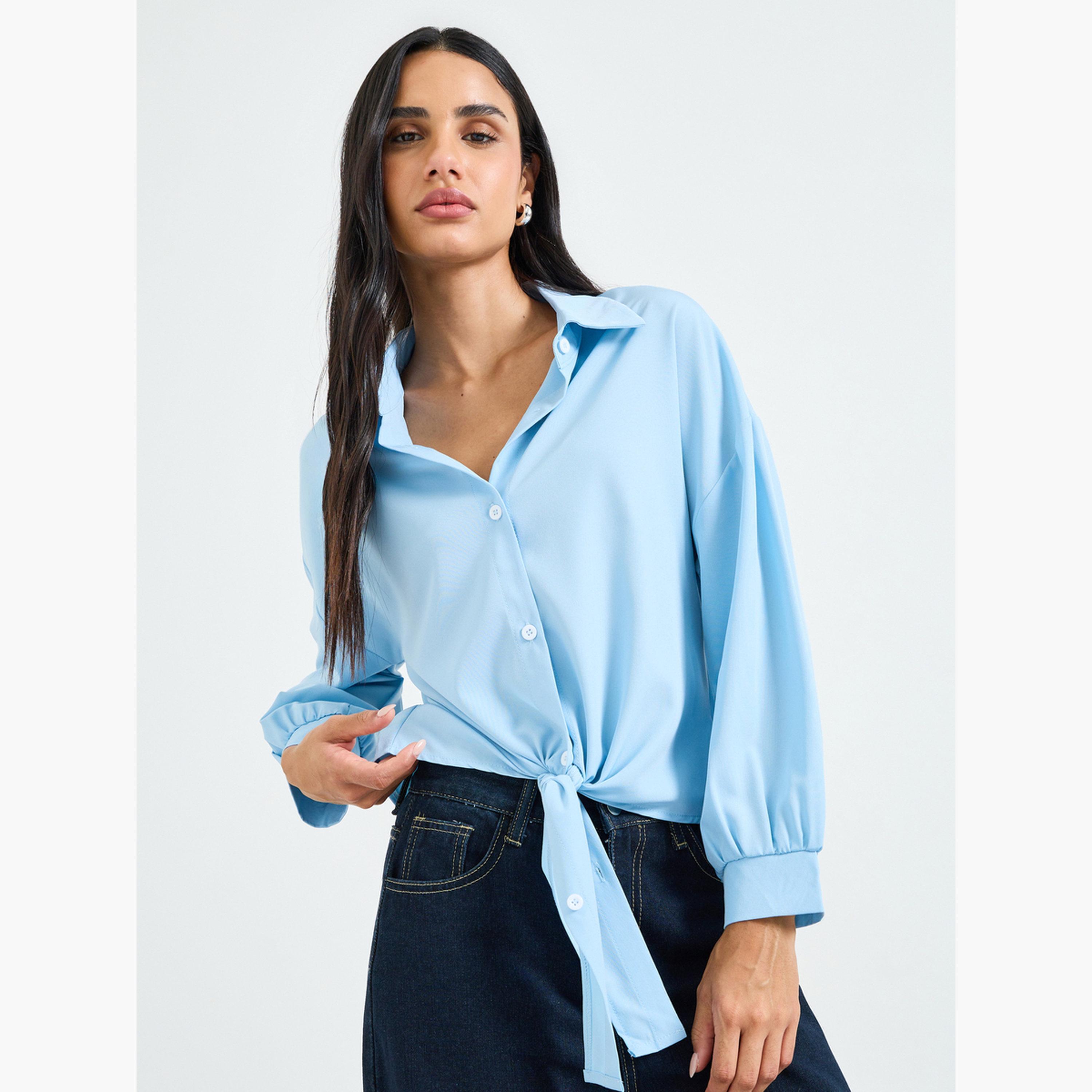 بلوزة بأكمام طويلة وعقدة أمامية أزرق سماوي-women-clothing-shirtsandblouses-shirts-image-1