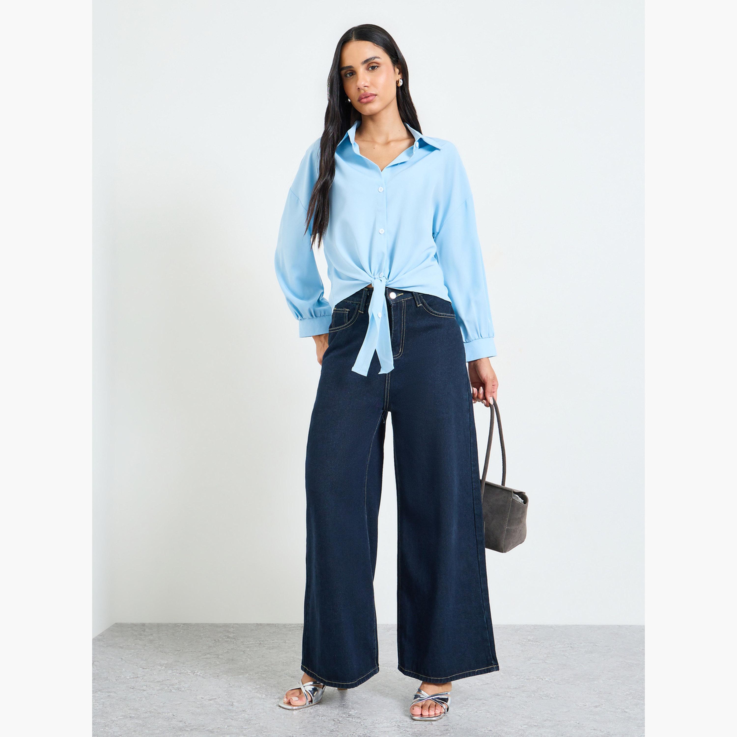 بلوزة بأكمام طويلة وعقدة أمامية أزرق سماوي-women-clothing-shirtsandblouses-shirts-image-2