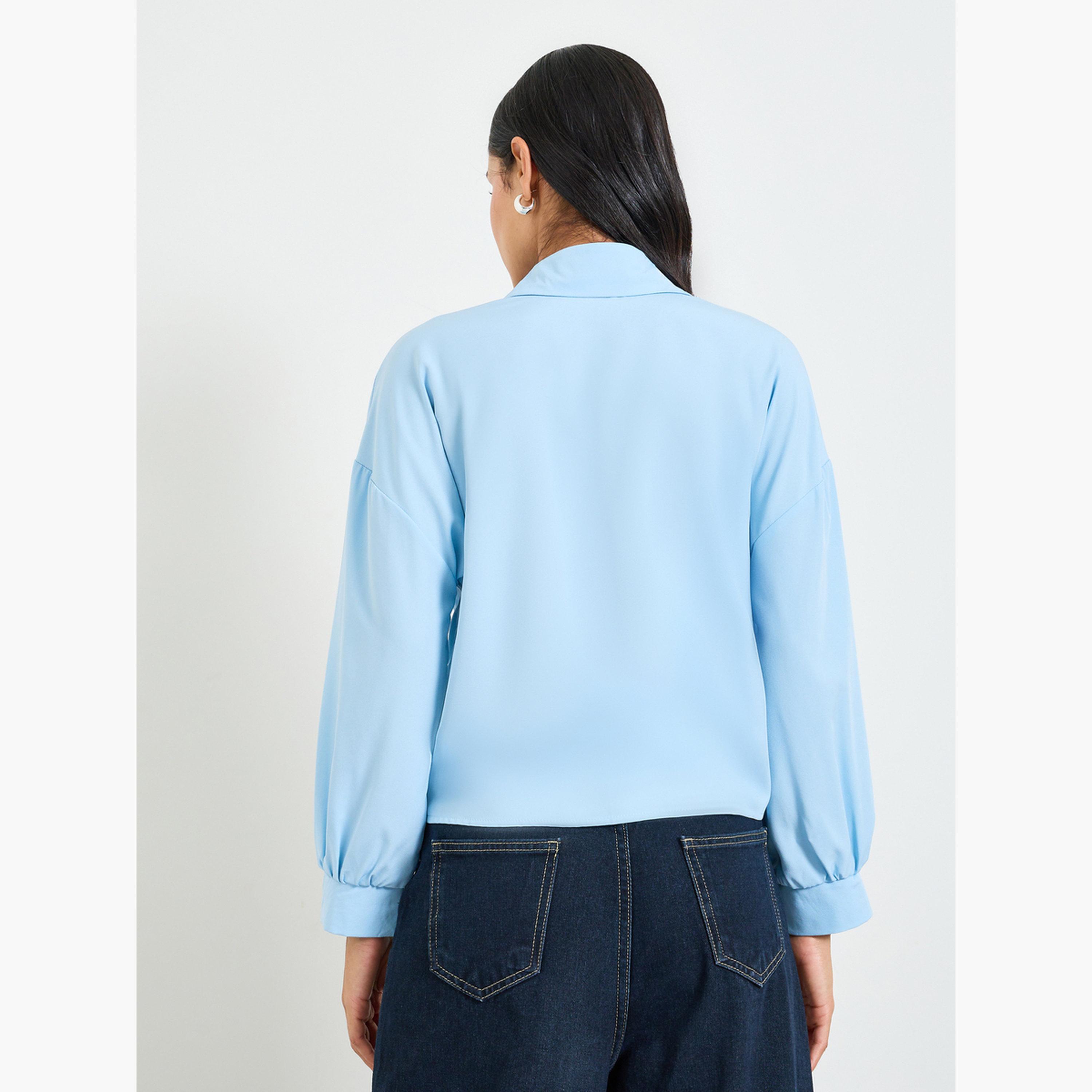 Take Two Sky Blue Tie-Front Long Sleeve Shirt-women-clothing-shirtsandblouses-shirts-image-3