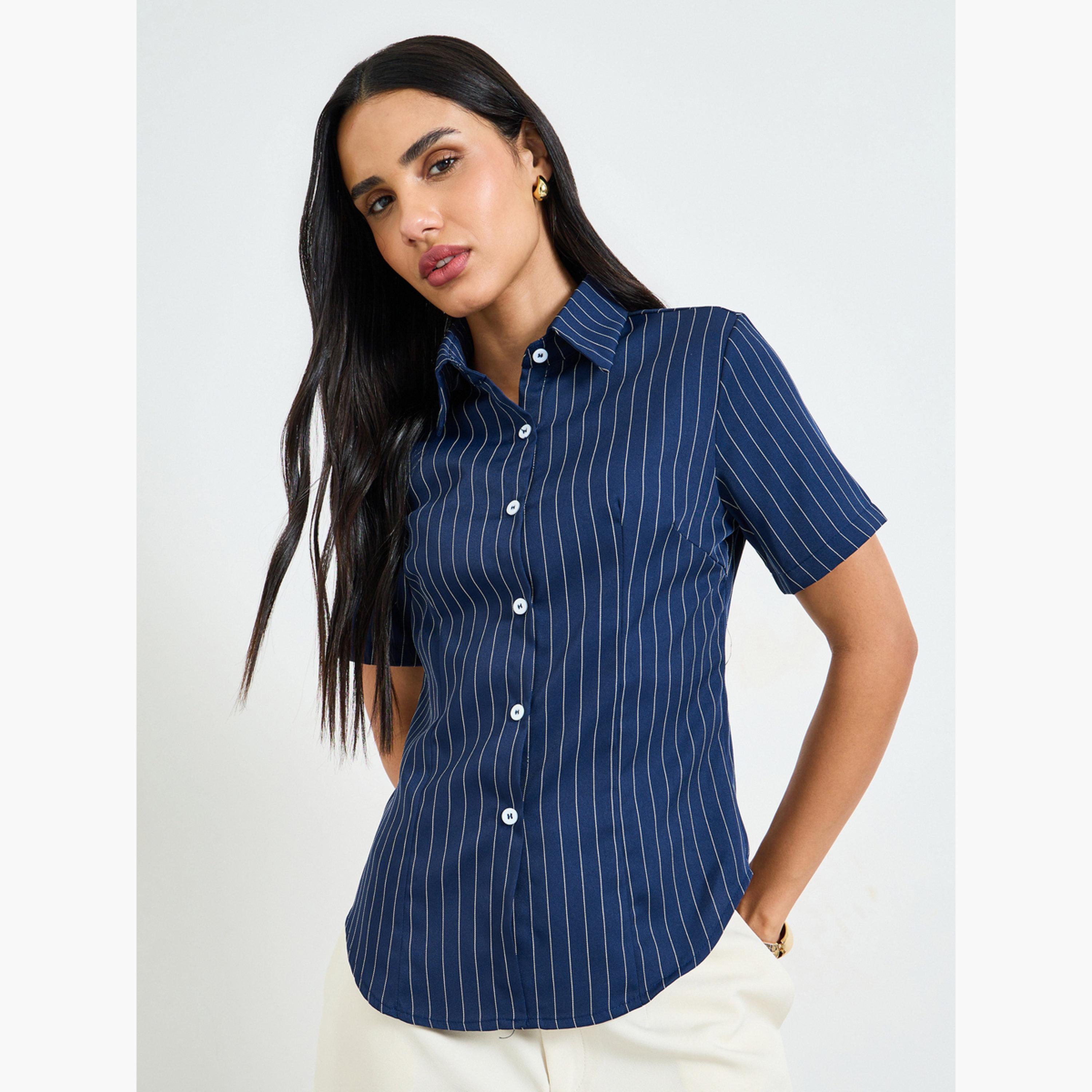 بلوزة بأكمام قصيرة وأزرار مخطط أزرق داكن-women-clothing-shirtsandblouses-shirts-image-1