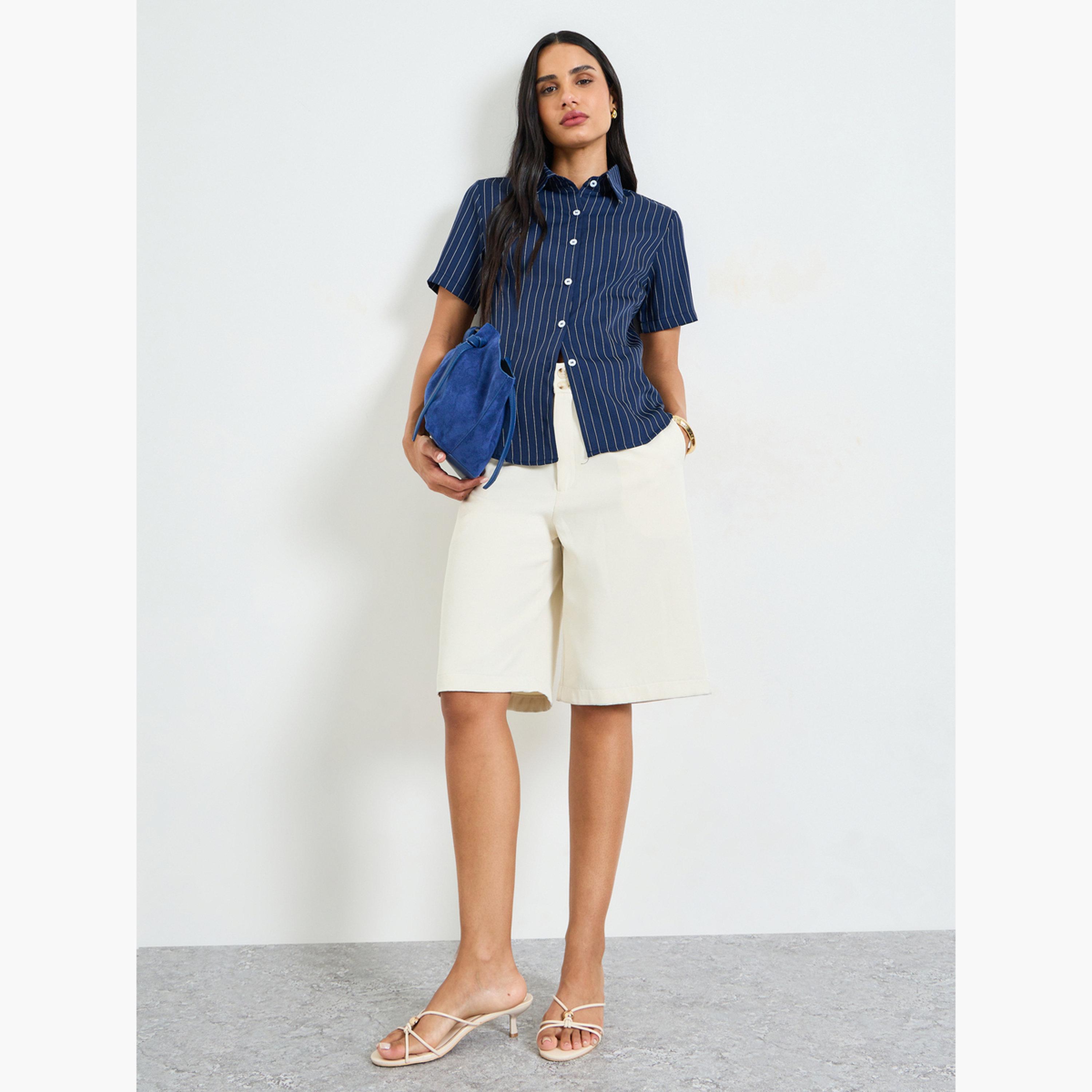 Take Two Dark Blue Striped Short-Sleeve Button-Down Shirt-women-clothing-shirtsandblouses-shirts-image-2