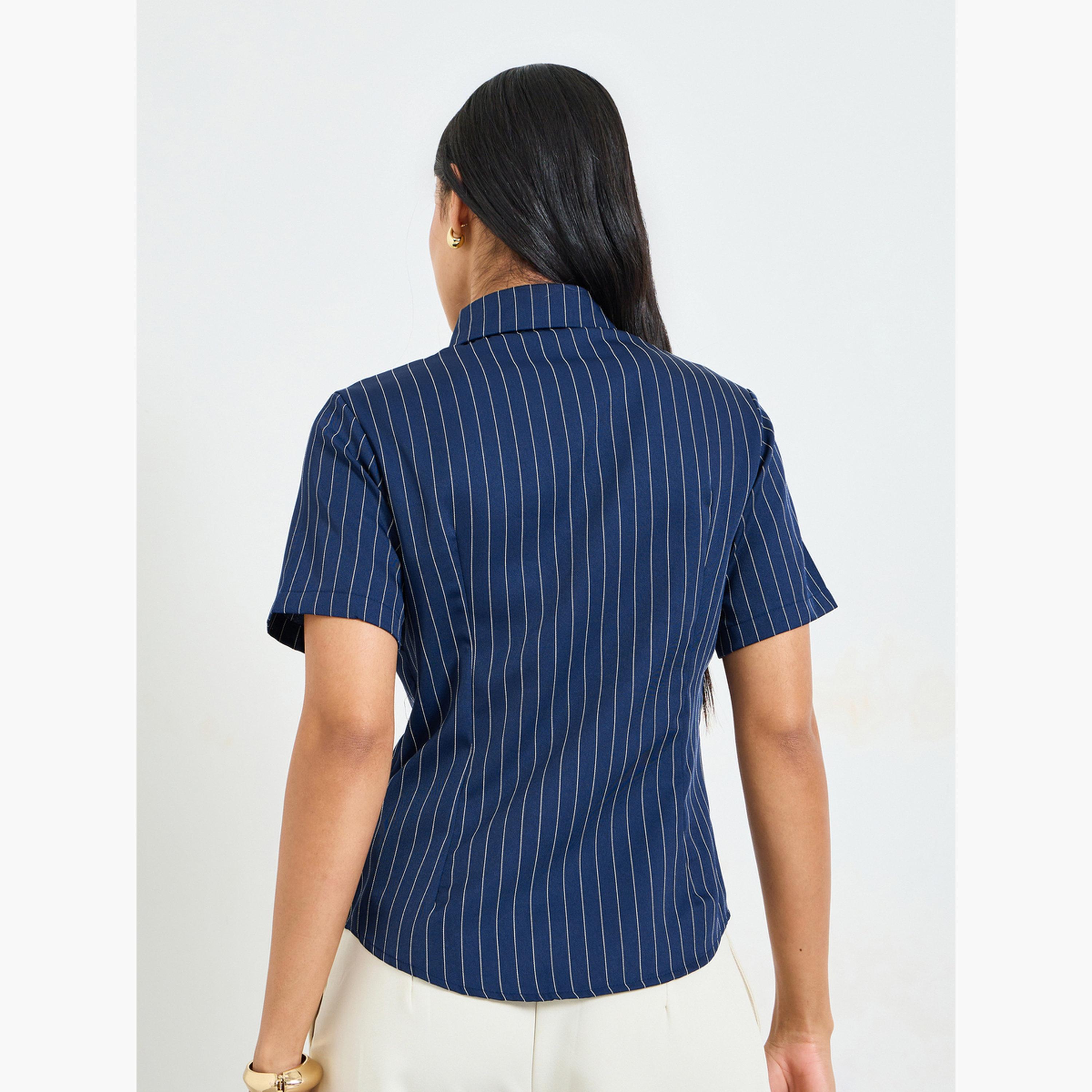 بلوزة بأكمام قصيرة وأزرار مخطط أزرق داكن-women-clothing-shirtsandblouses-shirts-image-3