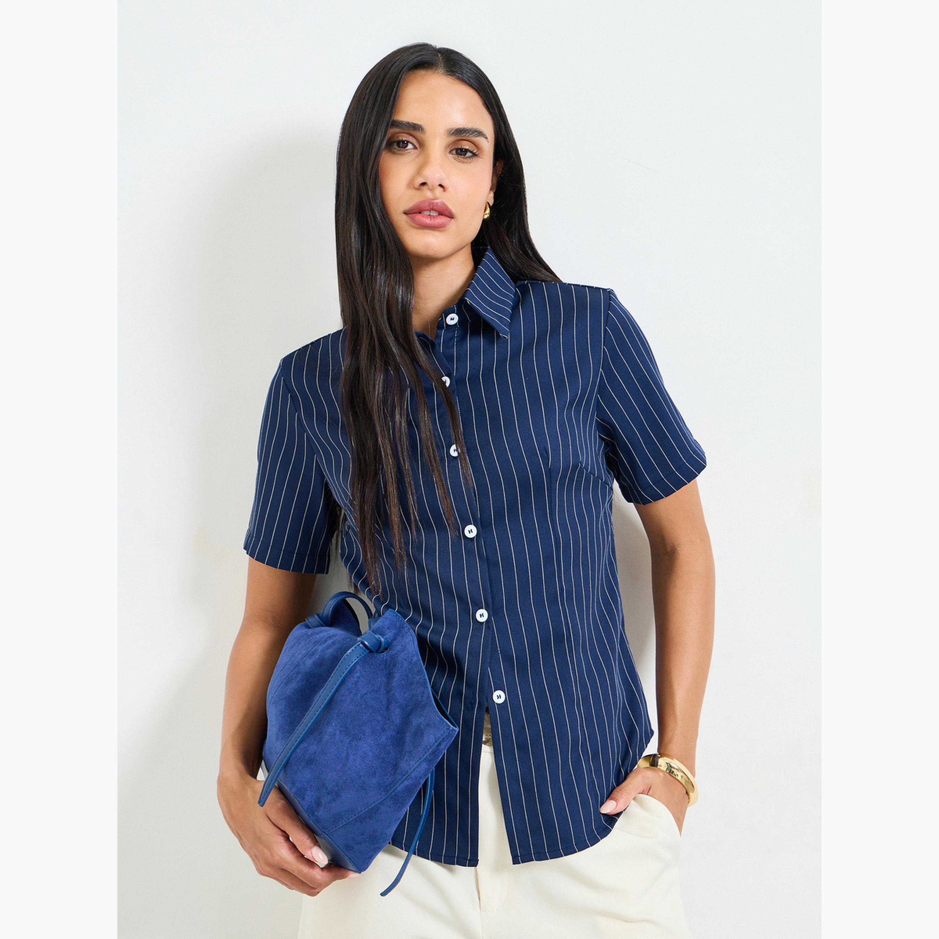 Take Two Dark Blue Striped Short-Sleeve Button-Down Shirt-women-clothing-shirtsandblouses-shirts-image-4