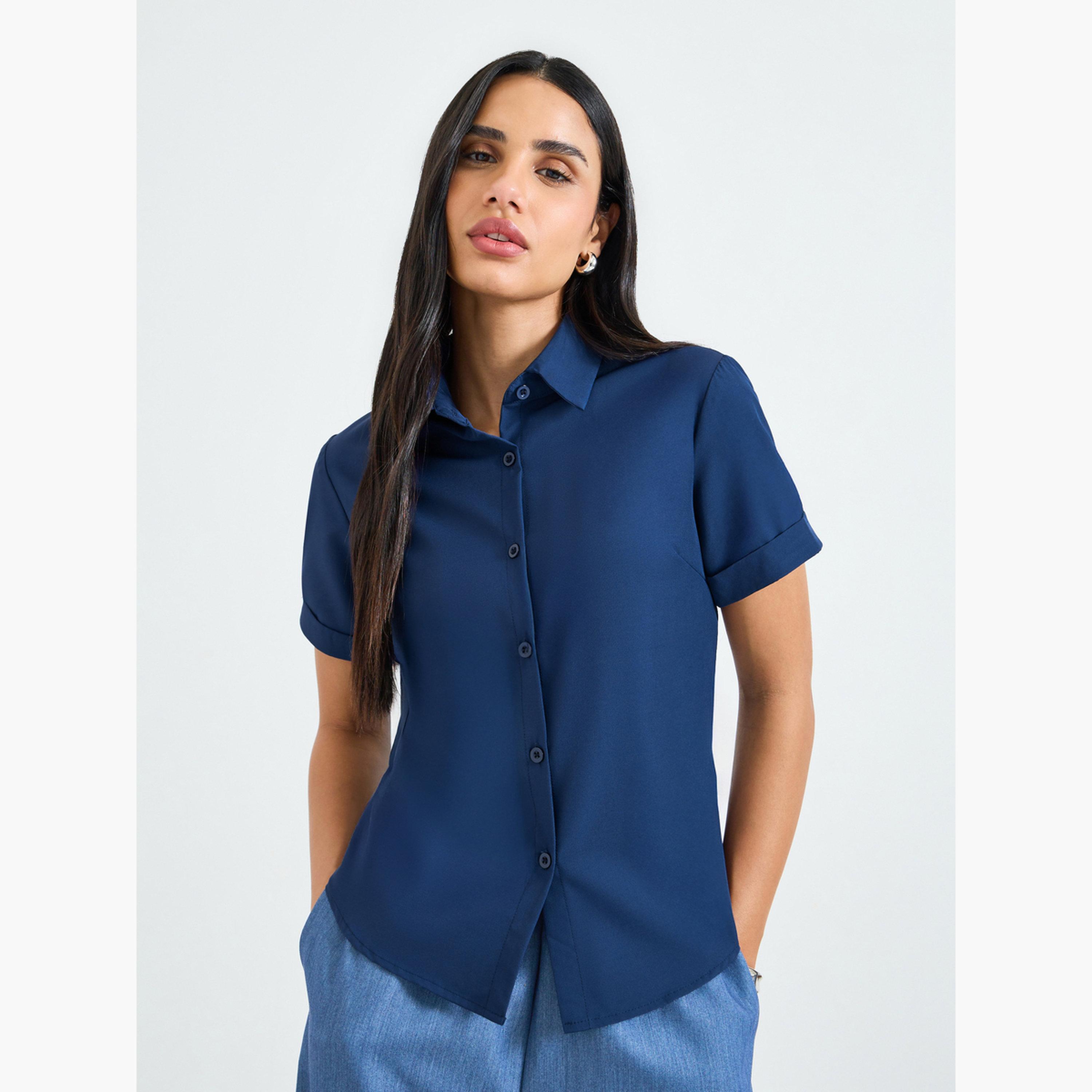 Take Two Dark Blue Short Sleeve Button-Up Shirt-women-clothing-shirtsandblouses-shirts-image-1
