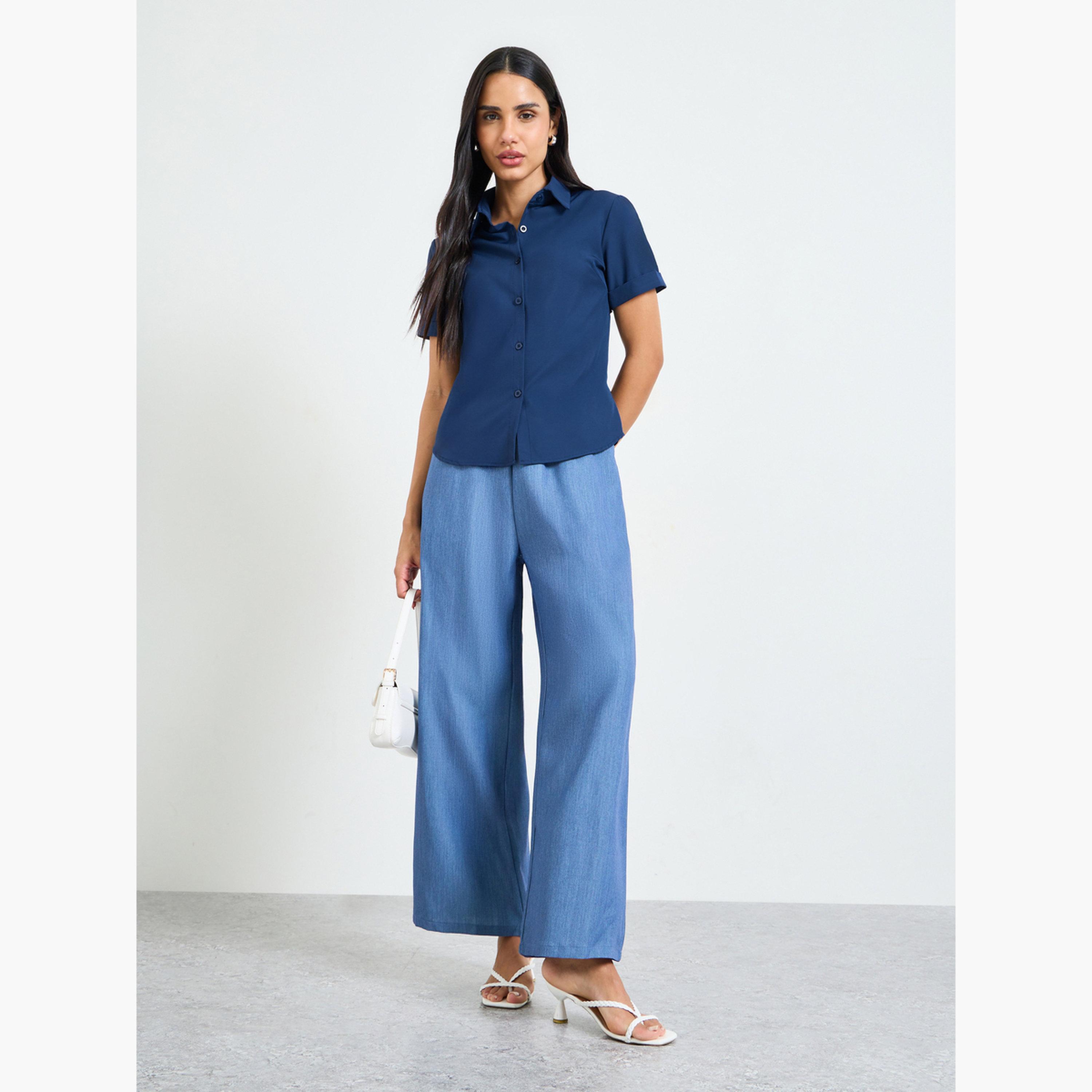 Take Two Dark Blue Short Sleeve Button-Up Shirt-women-clothing-shirtsandblouses-shirts-image-2