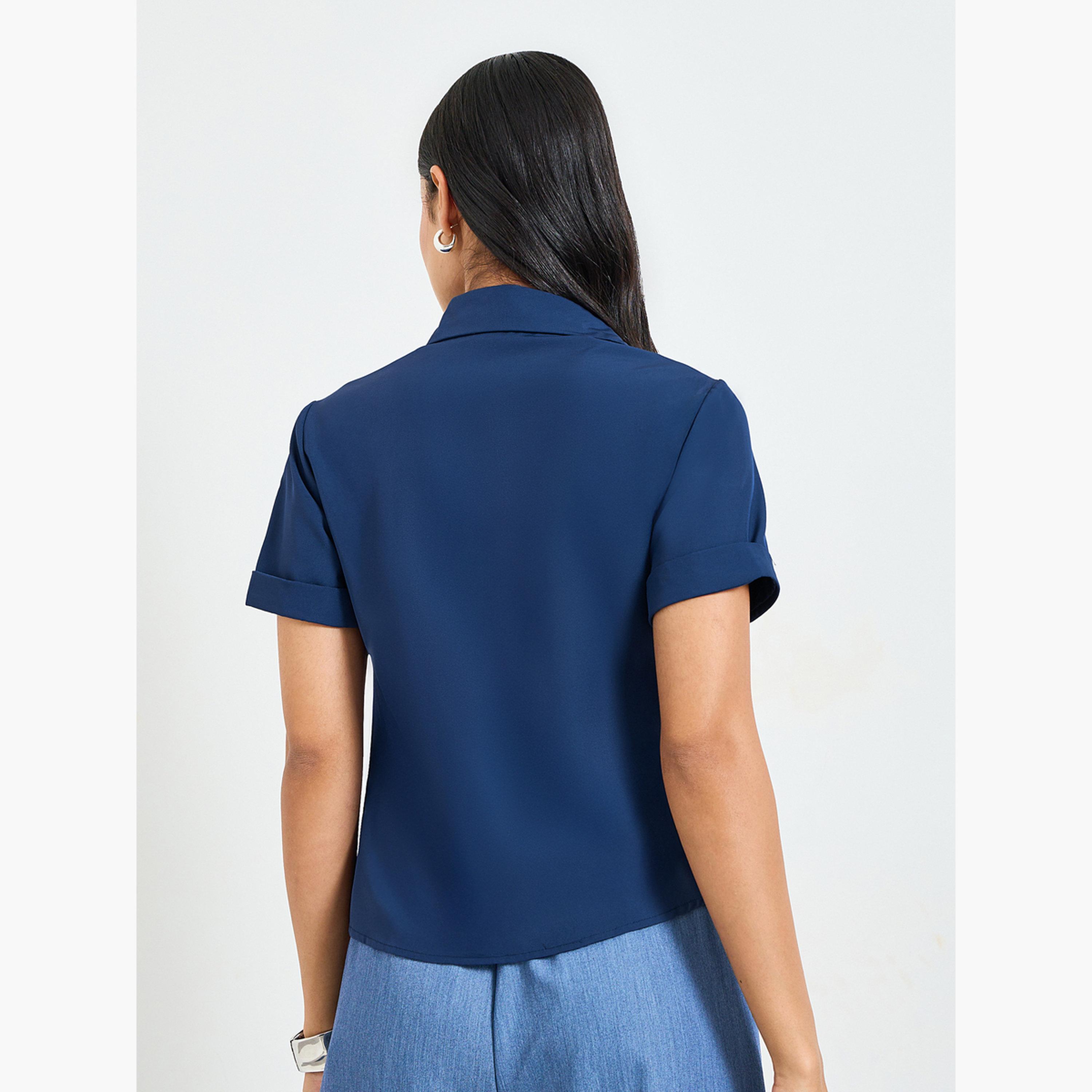 بلوزة بأكمام قصيرة وأزرار أزرق داكن-women-clothing-shirtsandblouses-shirts-image-3