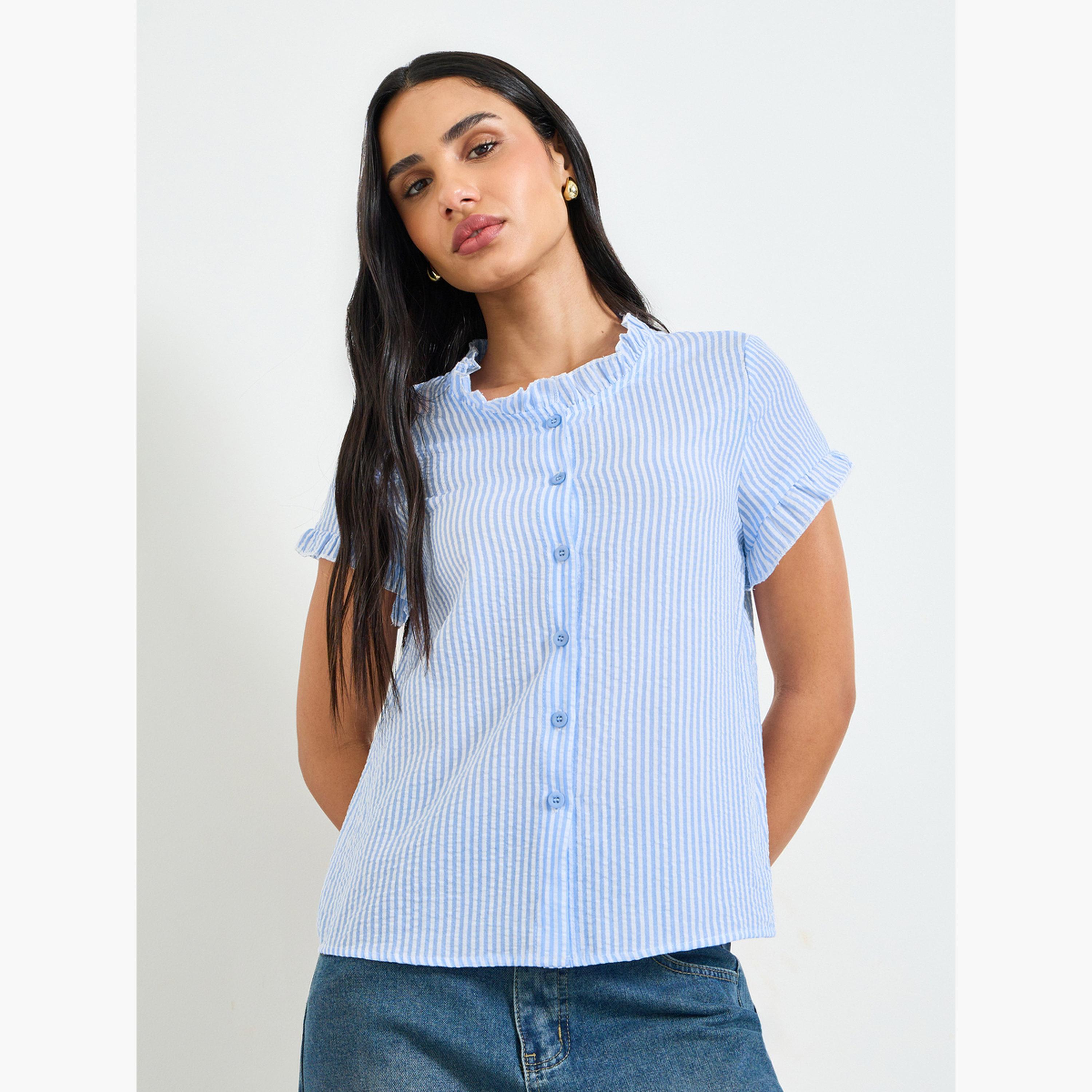 بلوزة بأكمام قصيرة بكشكشة ومخططة-women-clothing-shirtsandblouses-shirts-image-1