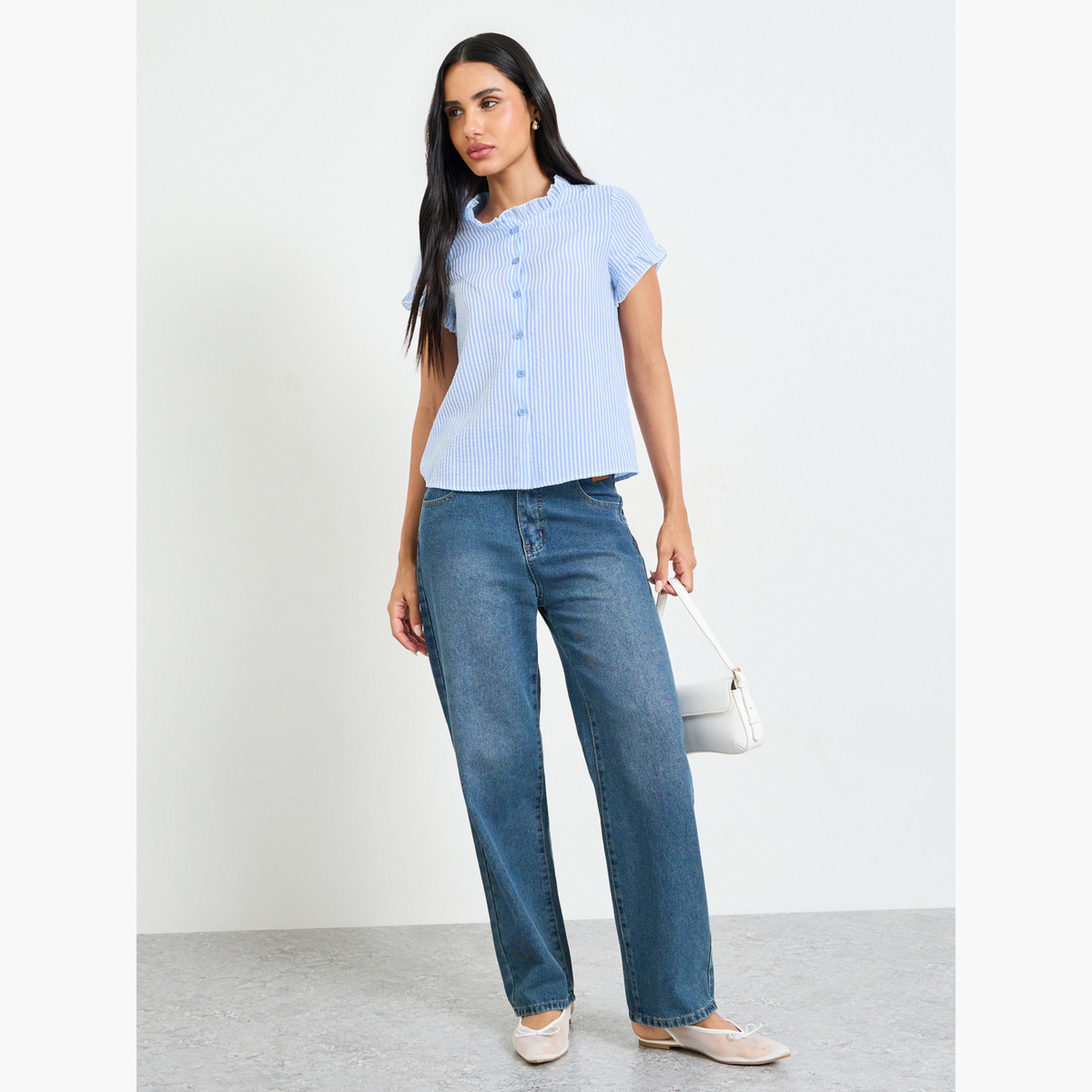 بلوزة بأكمام قصيرة بكشكشة ومخططة-women-clothing-shirtsandblouses-shirts-image-2