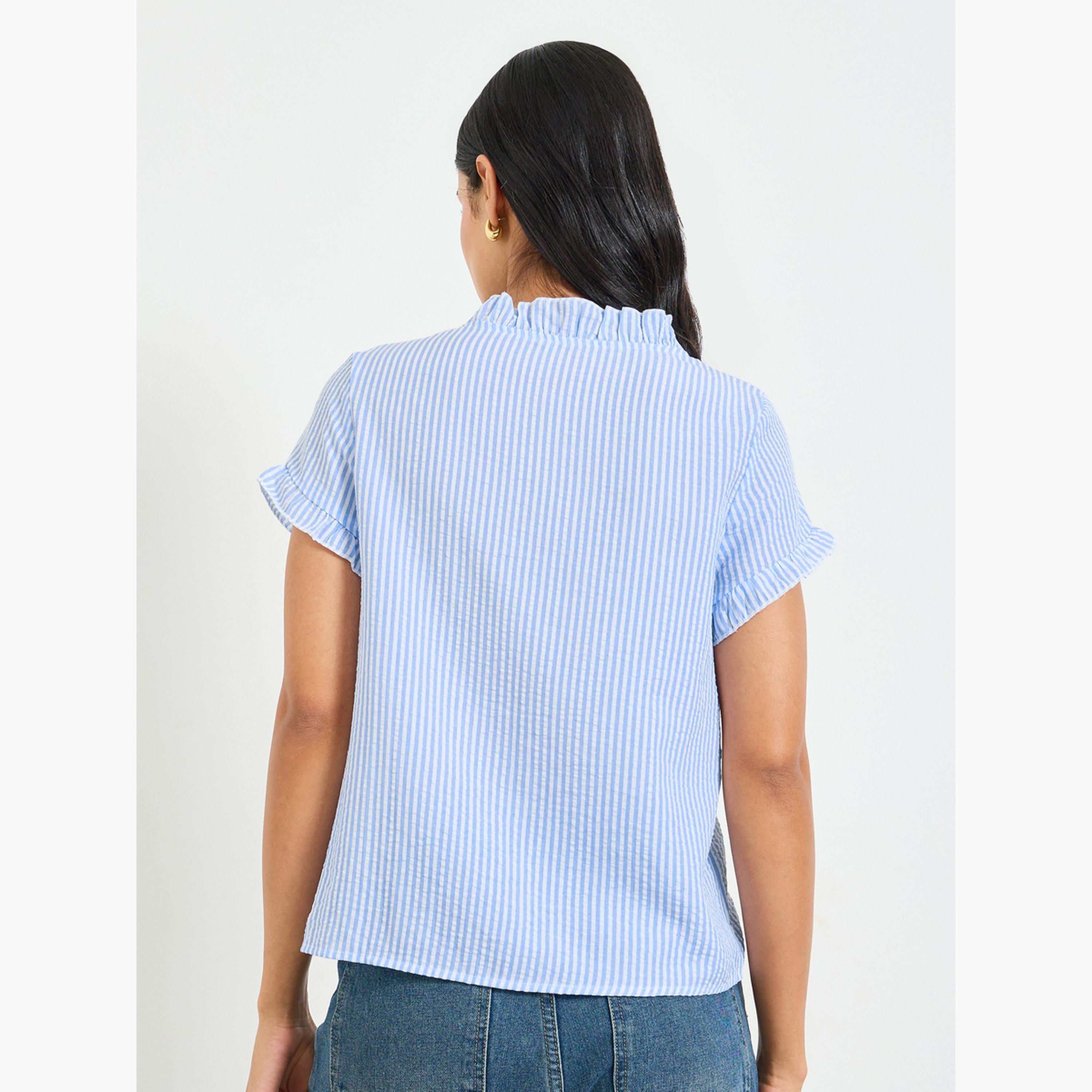 بلوزة بأكمام قصيرة بكشكشة ومخططة-women-clothing-shirtsandblouses-shirts-image-3