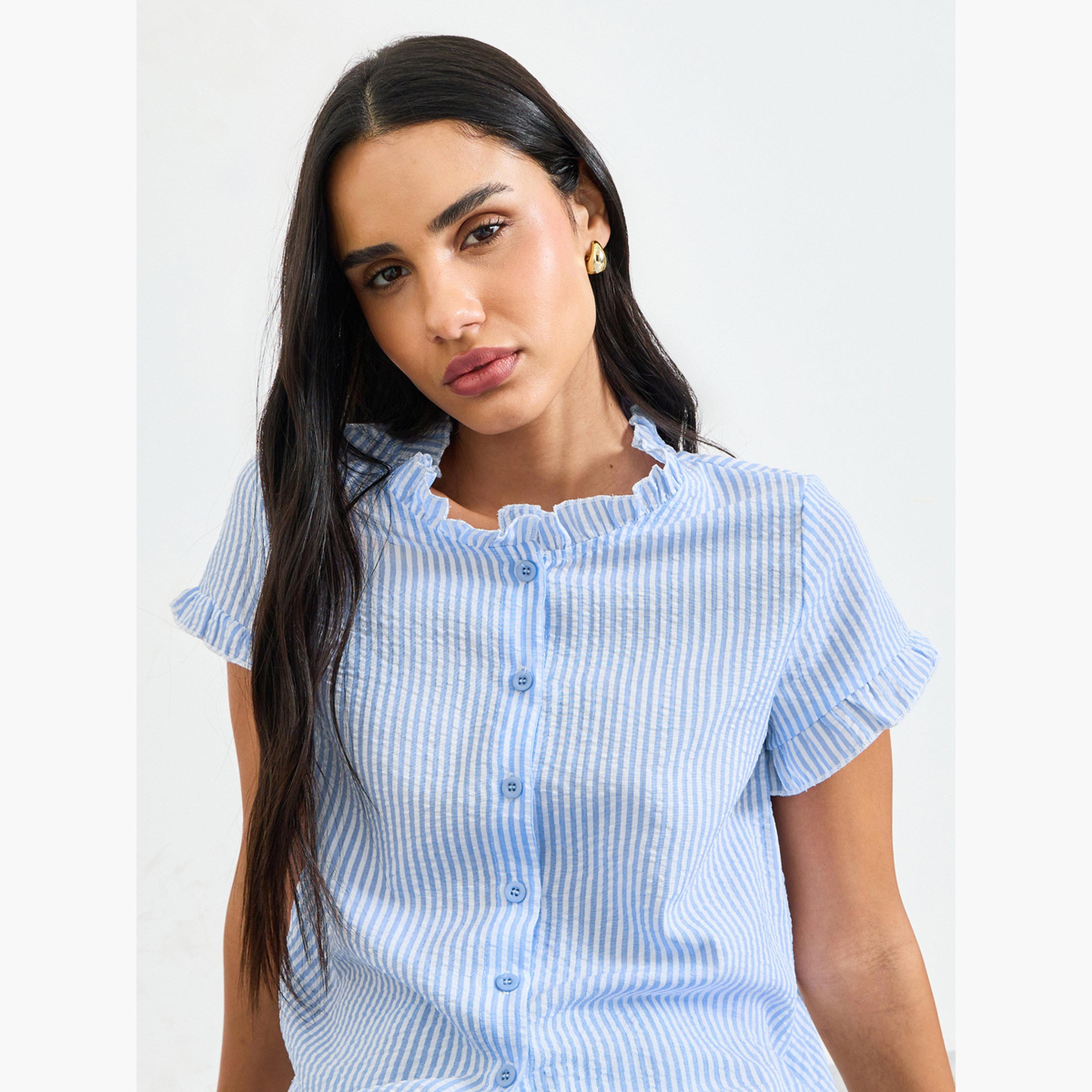 بلوزة بأكمام قصيرة بكشكشة ومخططة-women-clothing-shirtsandblouses-shirts-image-4