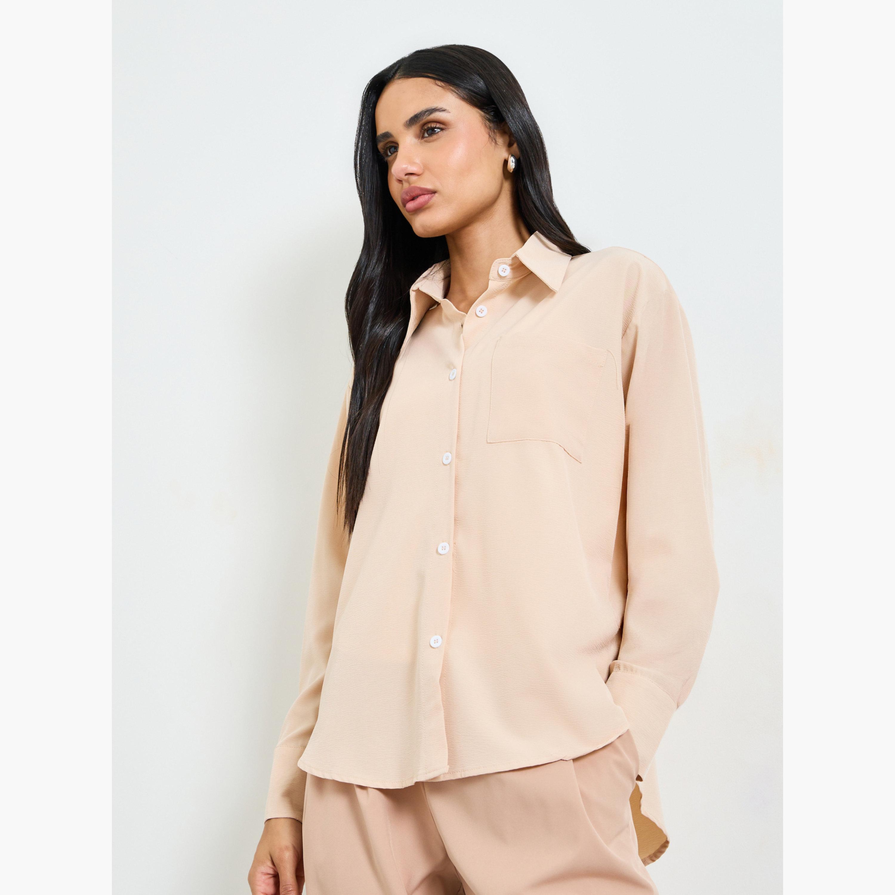 Take Two Khaki Long Sleeve Textured Button-Up Shirt-women-clothing-shirtsandblouses-shirts-image-1