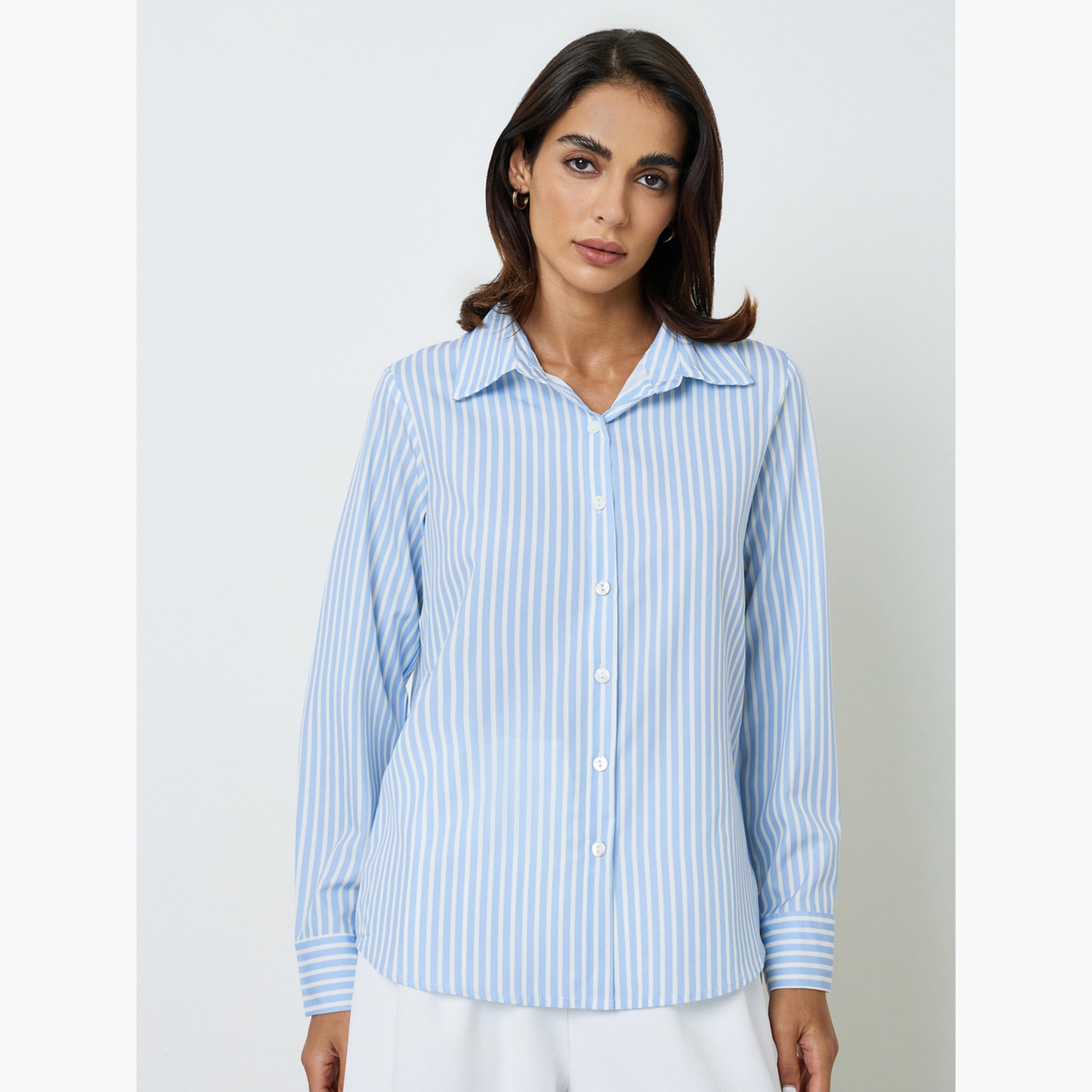 بلوزة بأكمام طويلة وقصة عادية مخطط أزرق-women-clothing-shirtsandblouses-shirts-image-1