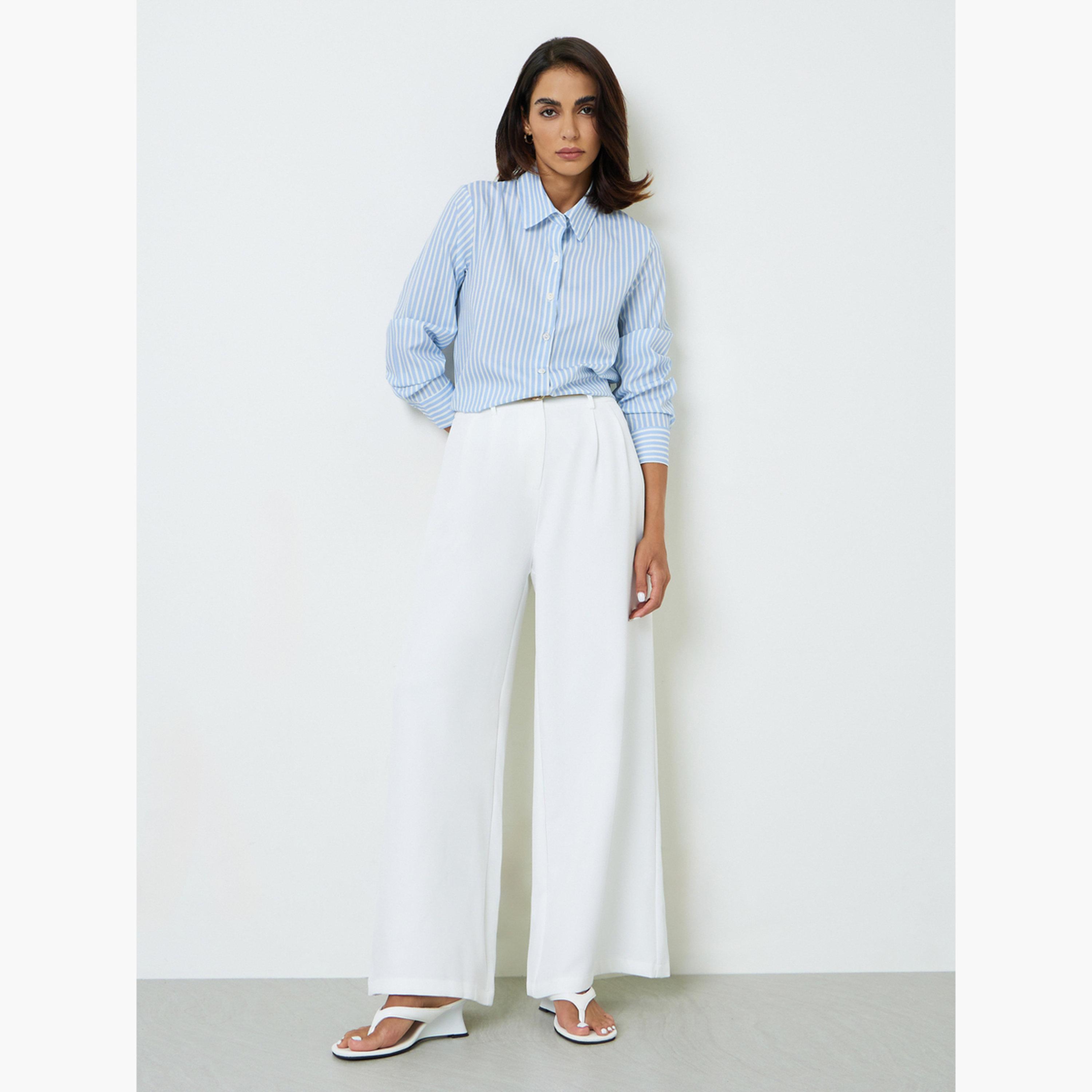 بلوزة بأكمام طويلة وقصة عادية مخطط أزرق-women-clothing-shirtsandblouses-shirts-image-2