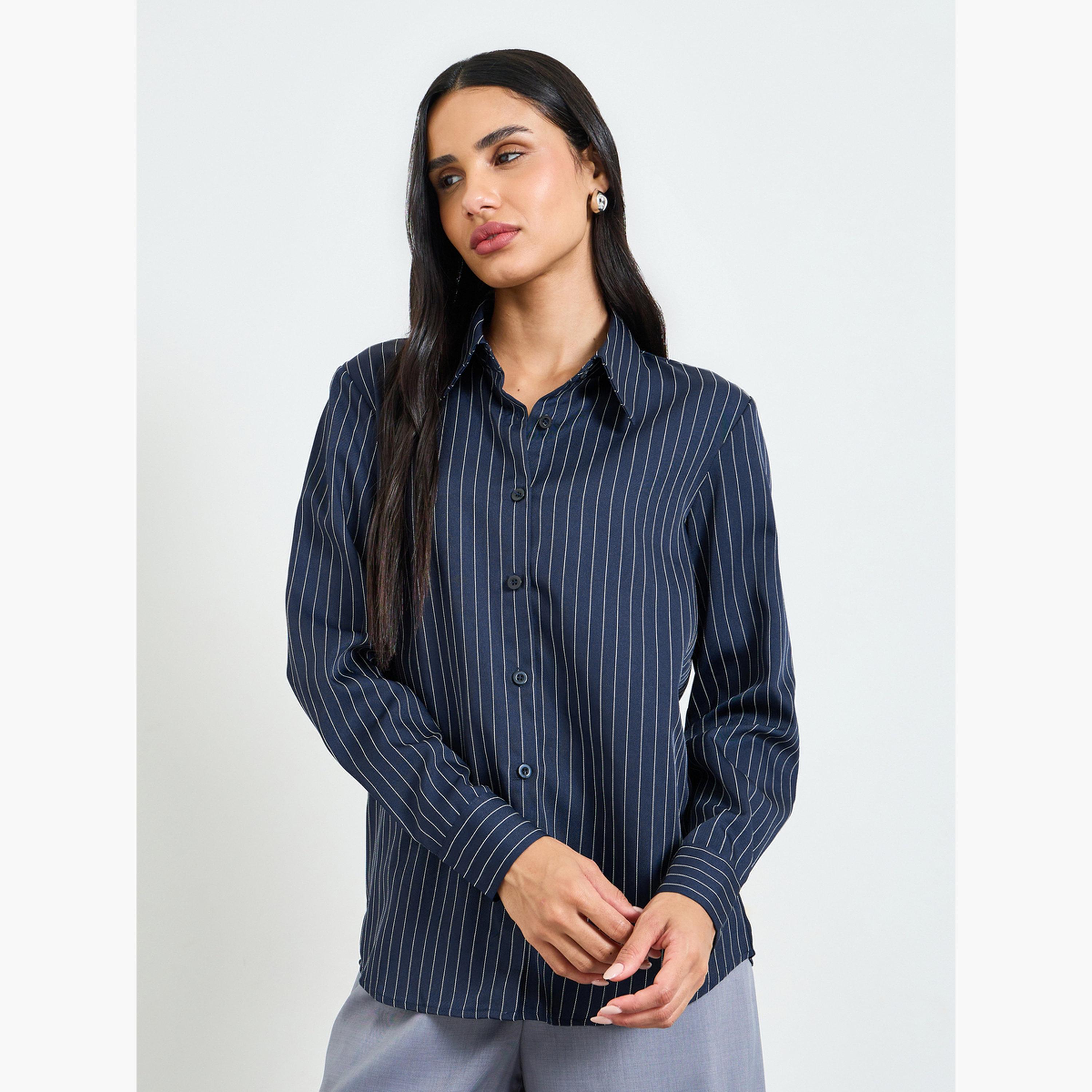 Take Two Navy Pinstripe Long-Sleeve Shirt-women-clothing-shirtsandblouses-shirts-image-1