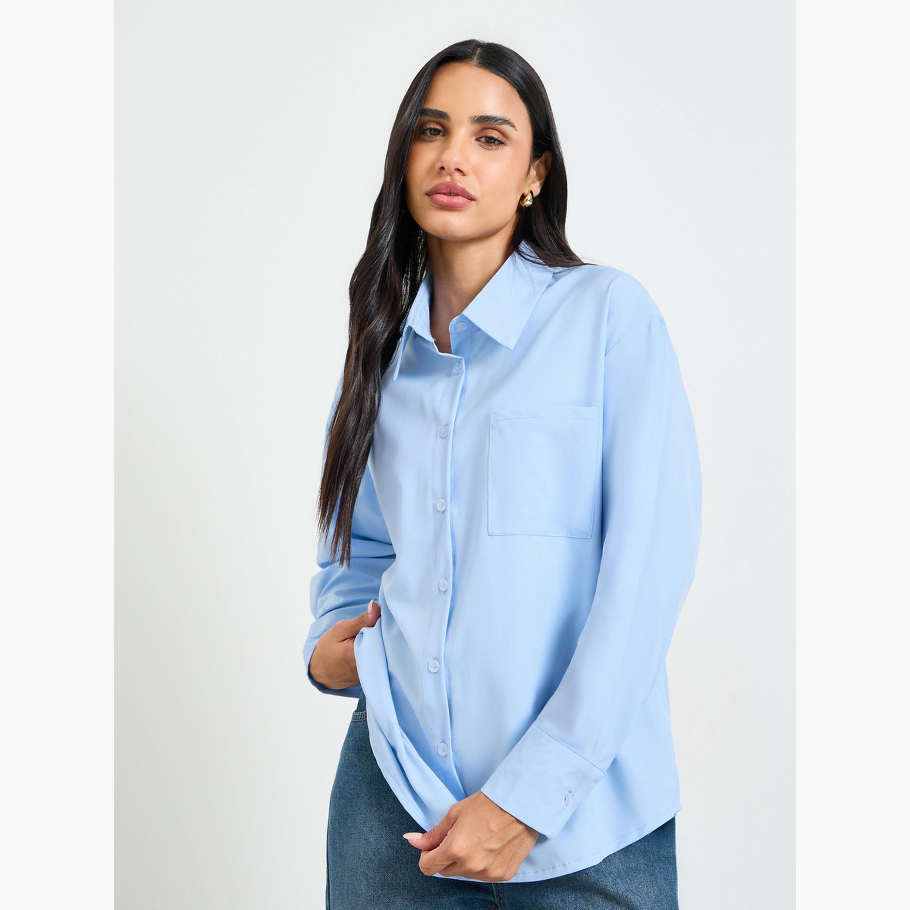 Take Two Relaxed Fit Long Sleeve Blue Shirt-women-clothing-shirtsandblouses-shirts-image-1
