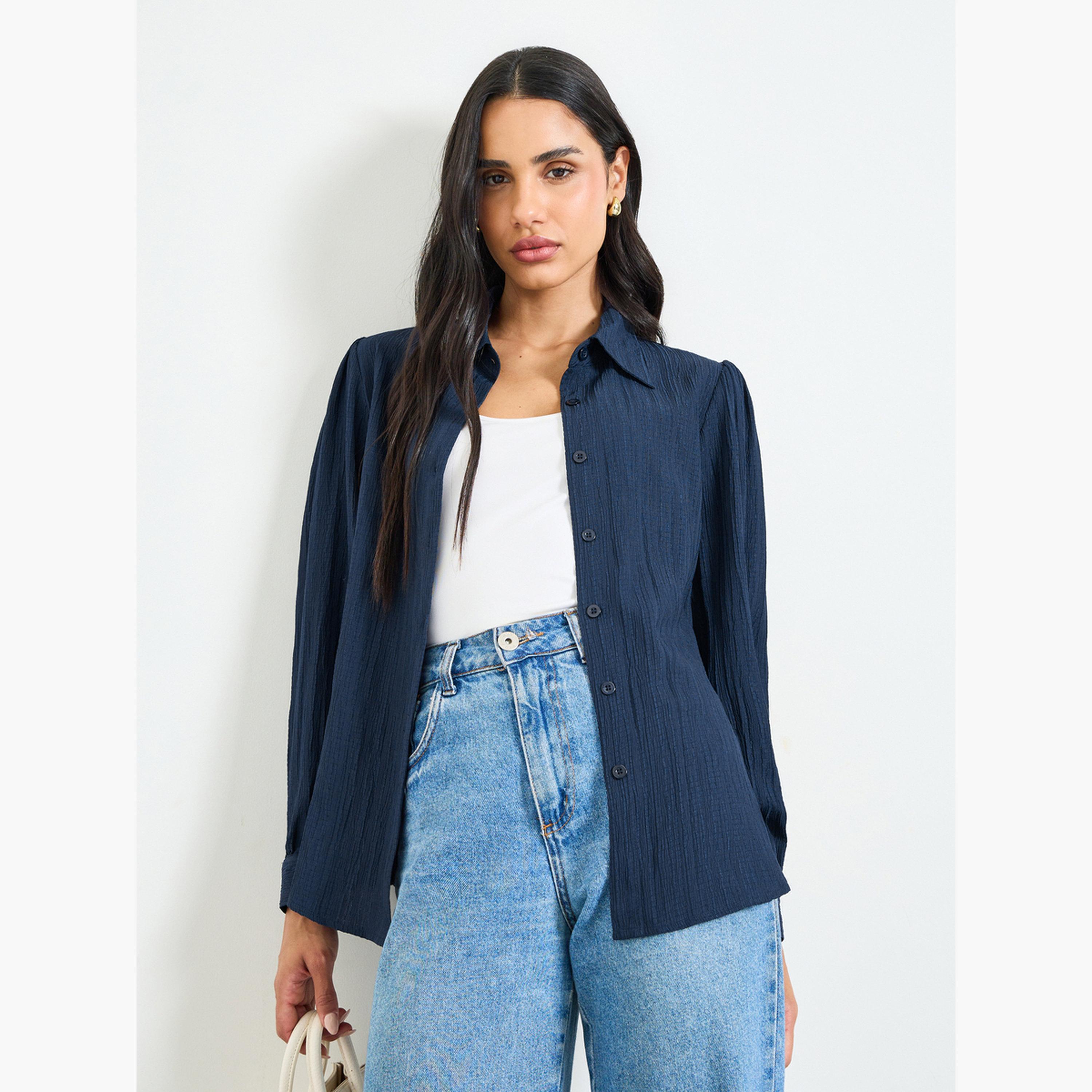 بلوزة بأكمام طويلة وقصة عادية بتفاصيل بارزة الملمس أزرق داكن-women-clothing-shirtsandblouses-shirts-image-1