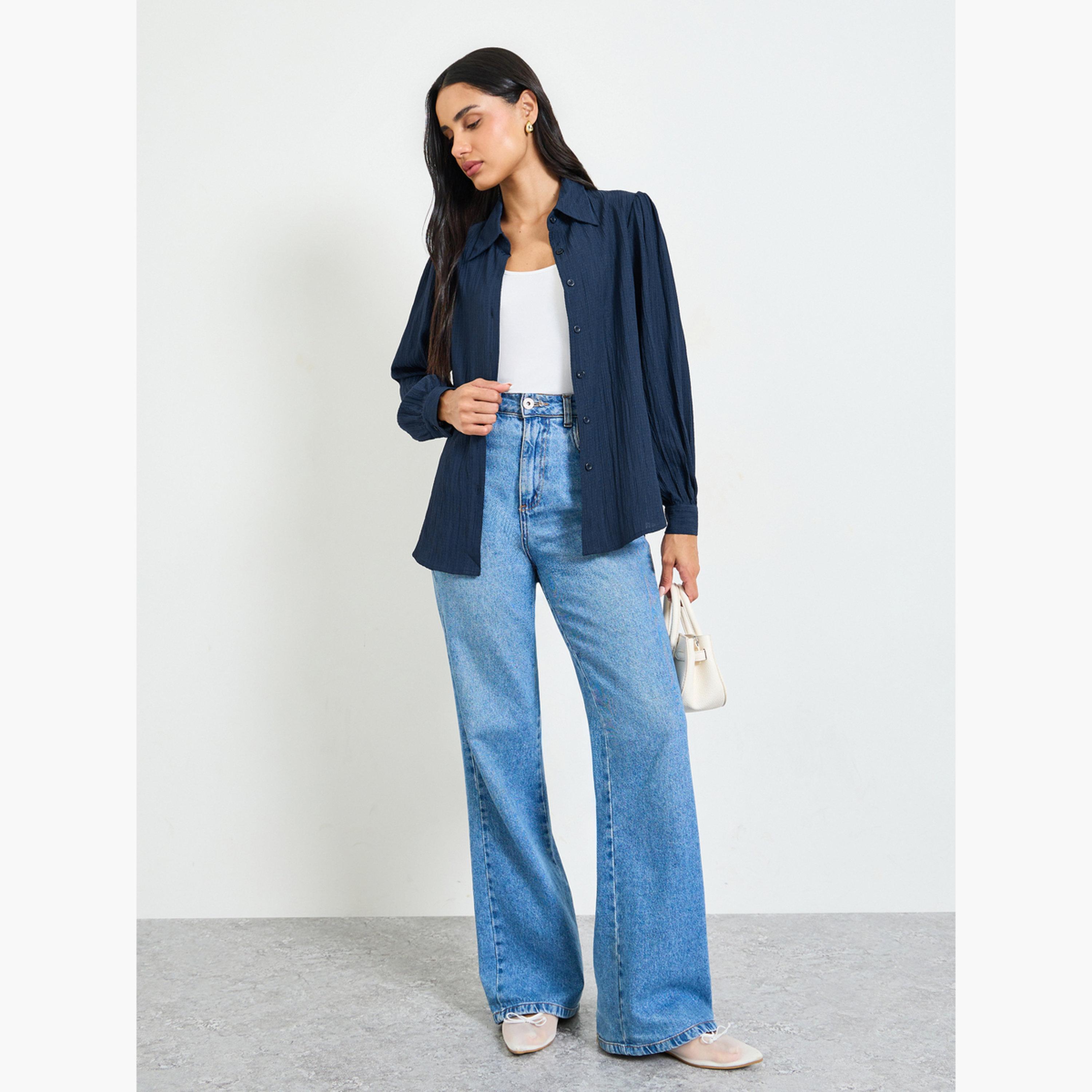 Take Two Dark Blue Regular Fit Long Sleeve Textured Shirt-women-clothing-shirtsandblouses-shirts-image-2
