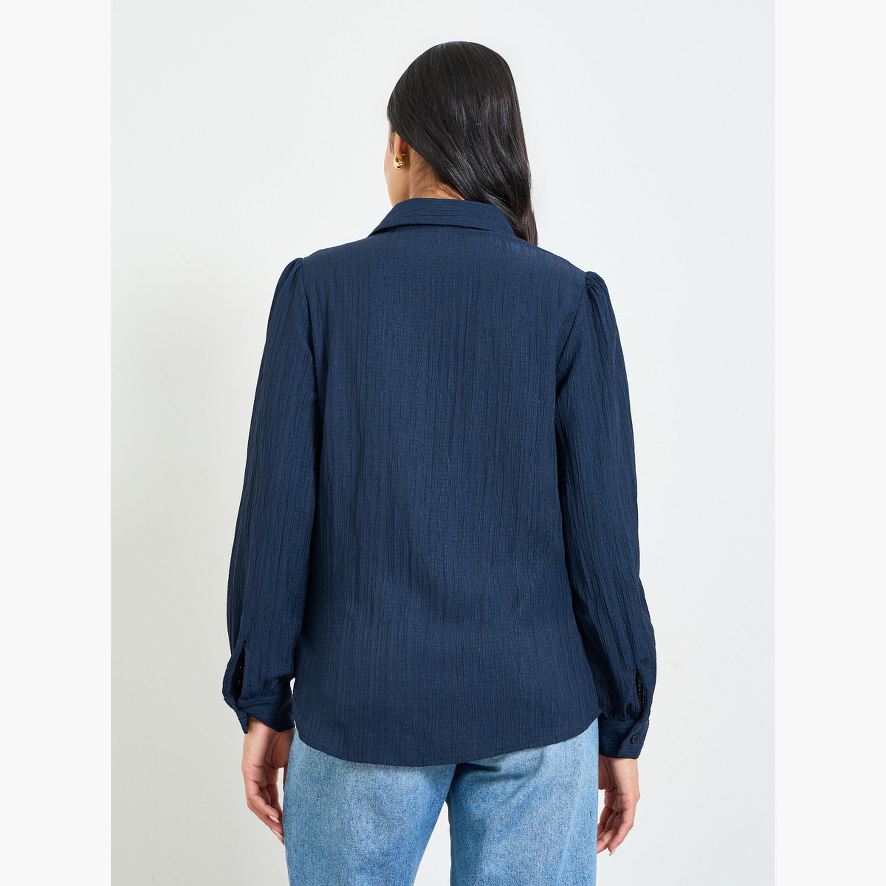 بلوزة بأكمام طويلة وقصة عادية بتفاصيل بارزة الملمس أزرق داكن-women-clothing-shirtsandblouses-shirts-image-3