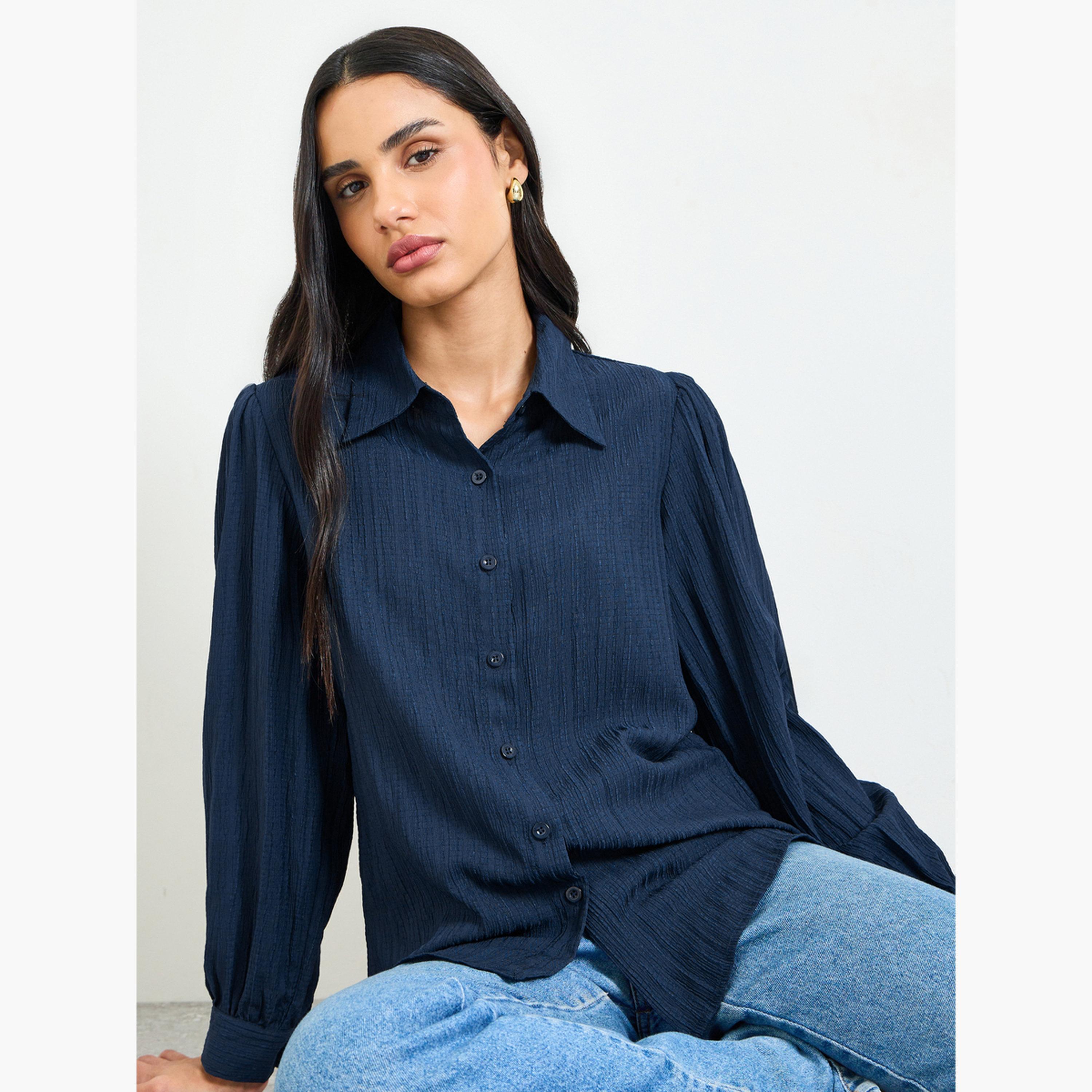 Take Two Dark Blue Regular Fit Long Sleeve Textured Shirt-women-clothing-shirtsandblouses-shirts-image-4