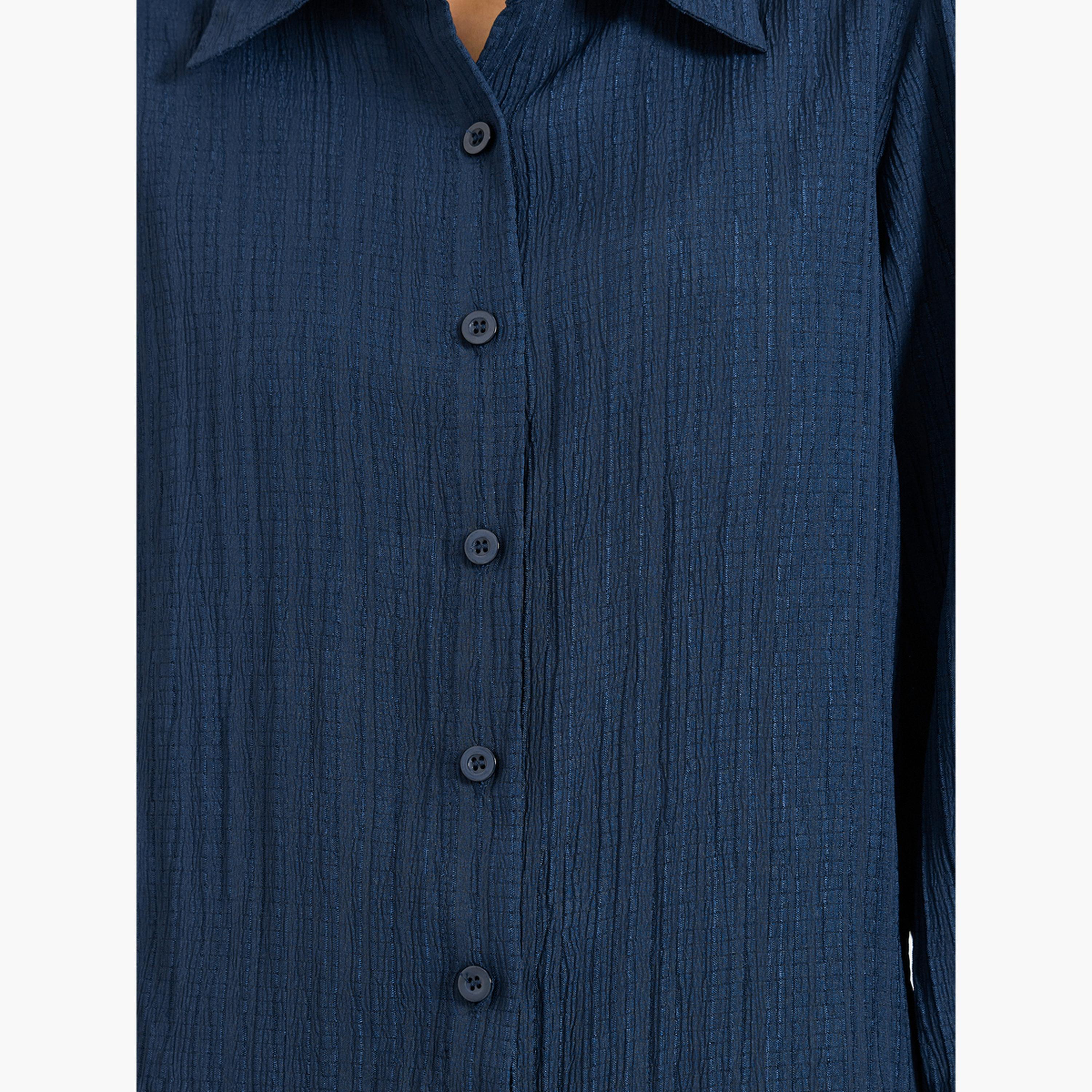 بلوزة بأكمام طويلة وقصة عادية بتفاصيل بارزة الملمس أزرق داكن-women-clothing-shirtsandblouses-shirts-image-5