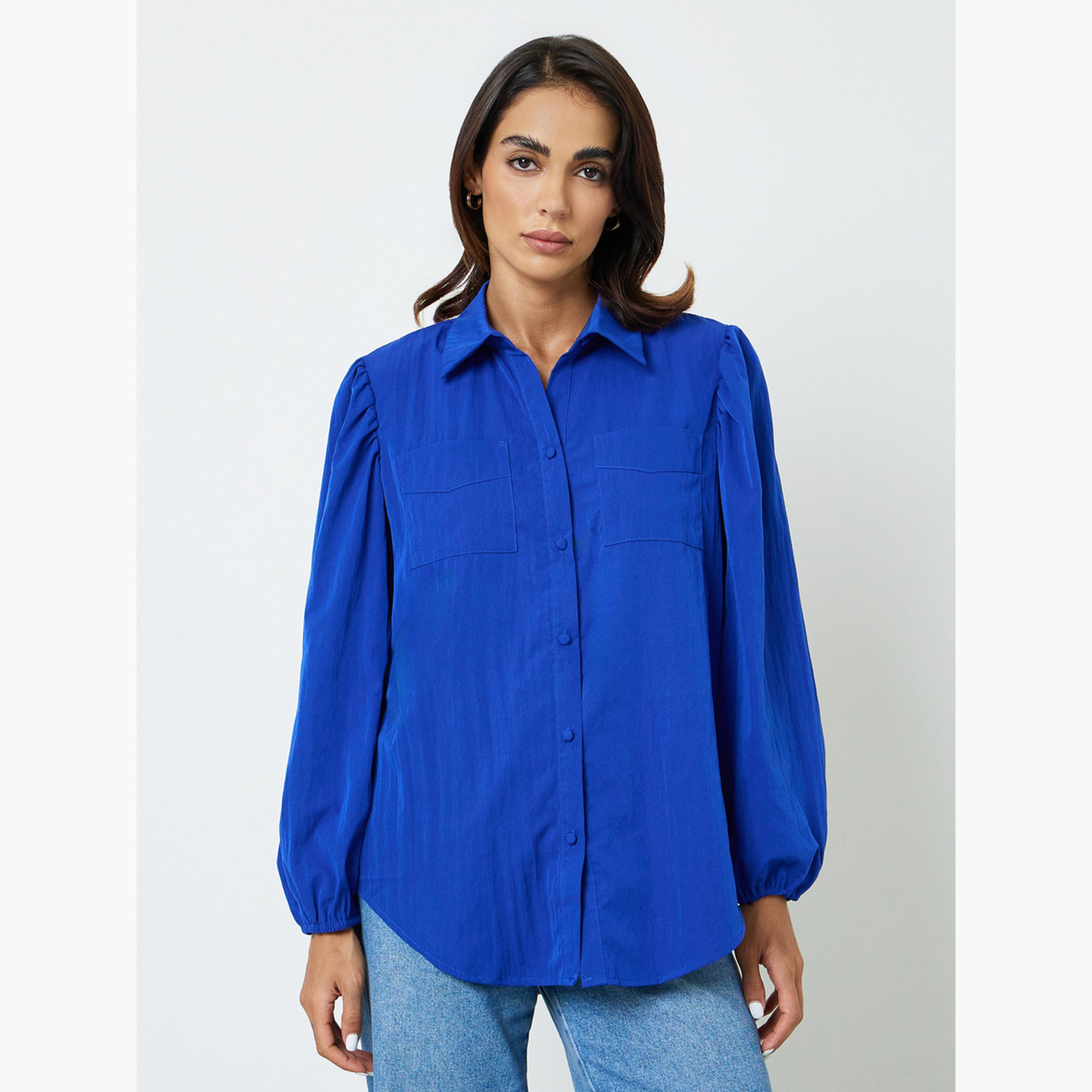 بلوزة بأكمام طويلة وقصة عادية بجيوب وأزرار أزرق داكن-women-clothing-shirtsandblouses-shirts-image-1