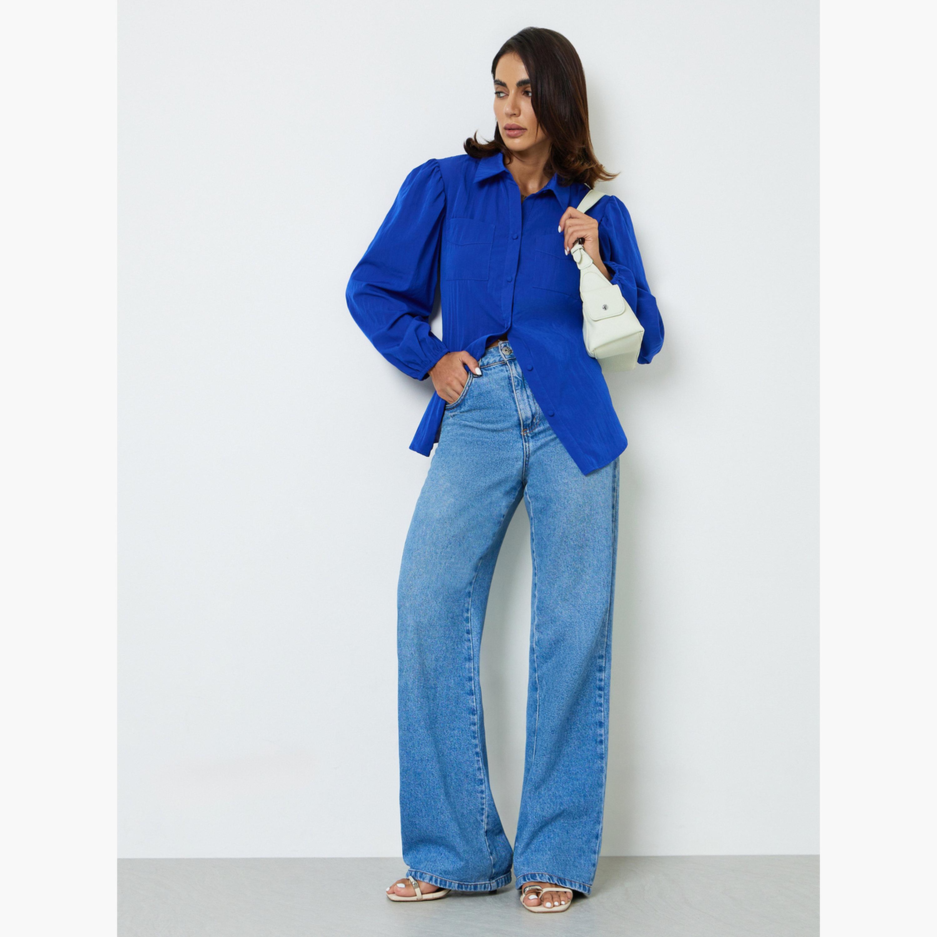 Take Two Dark Blue Regular Fit Button-Up Shirt with Pockets-women-clothing-shirtsandblouses-shirts-image-2