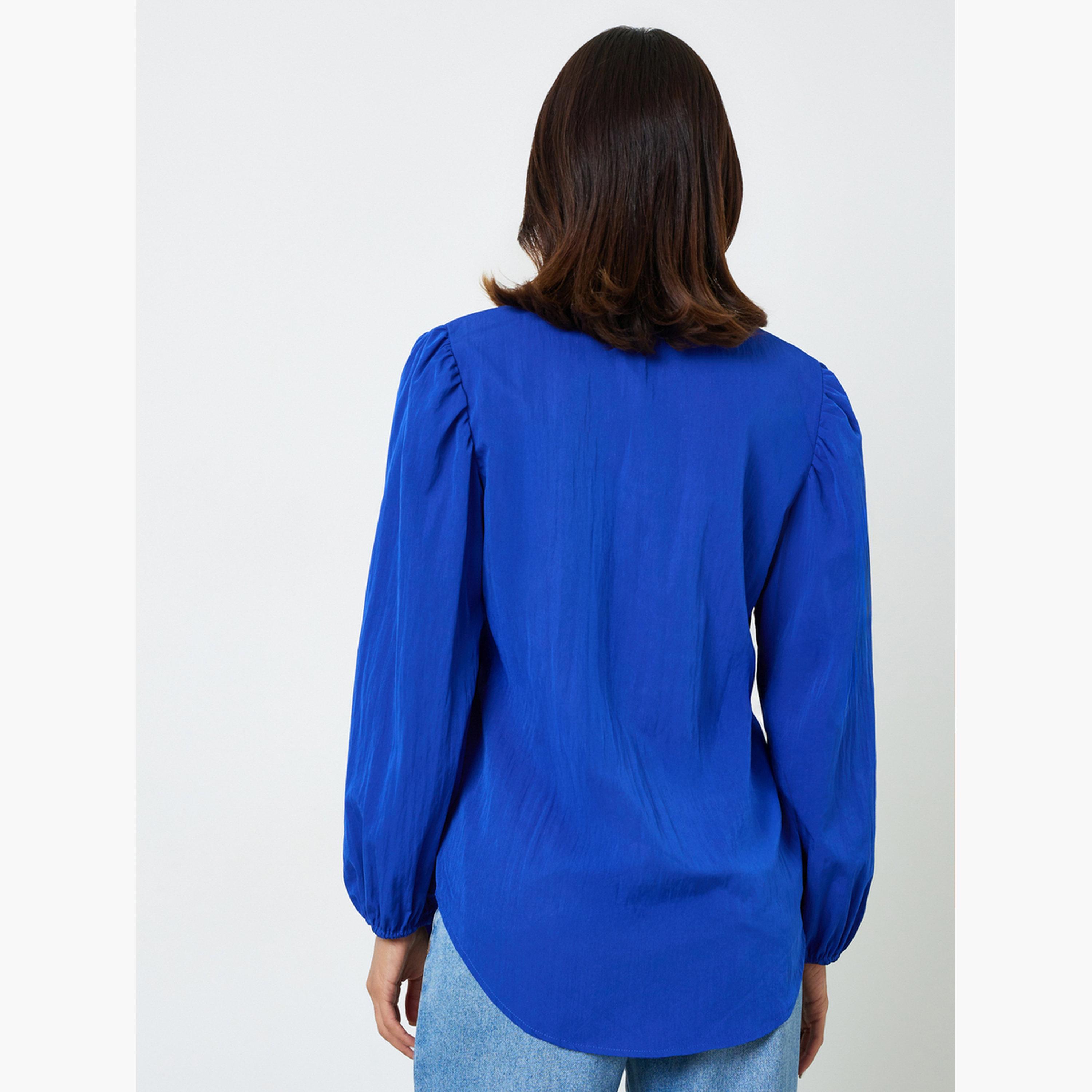 بلوزة بأكمام طويلة وقصة عادية بجيوب وأزرار أزرق داكن-women-clothing-shirtsandblouses-shirts-image-3