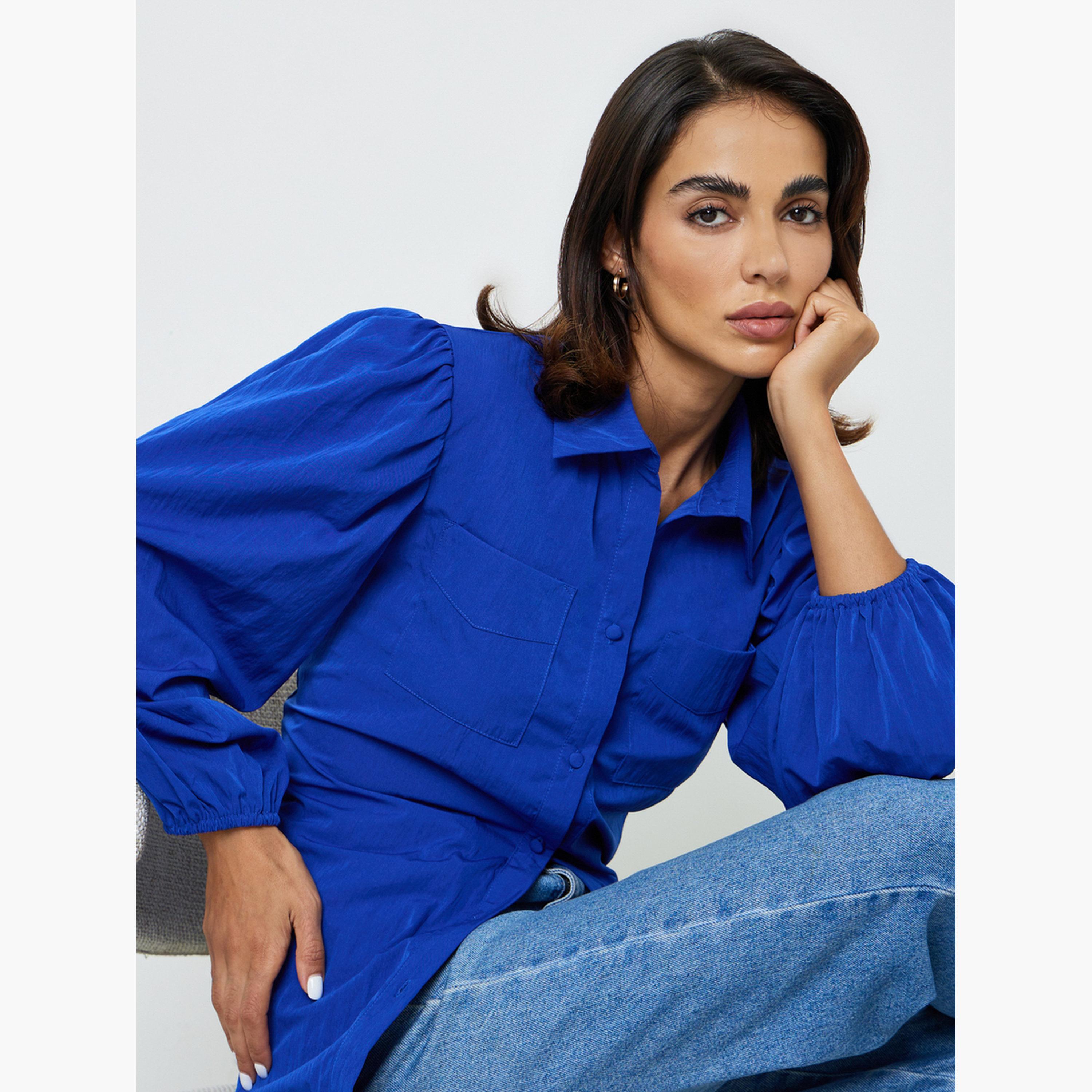 بلوزة بأكمام طويلة وقصة عادية بجيوب وأزرار أزرق داكن-women-clothing-shirtsandblouses-shirts-image-4